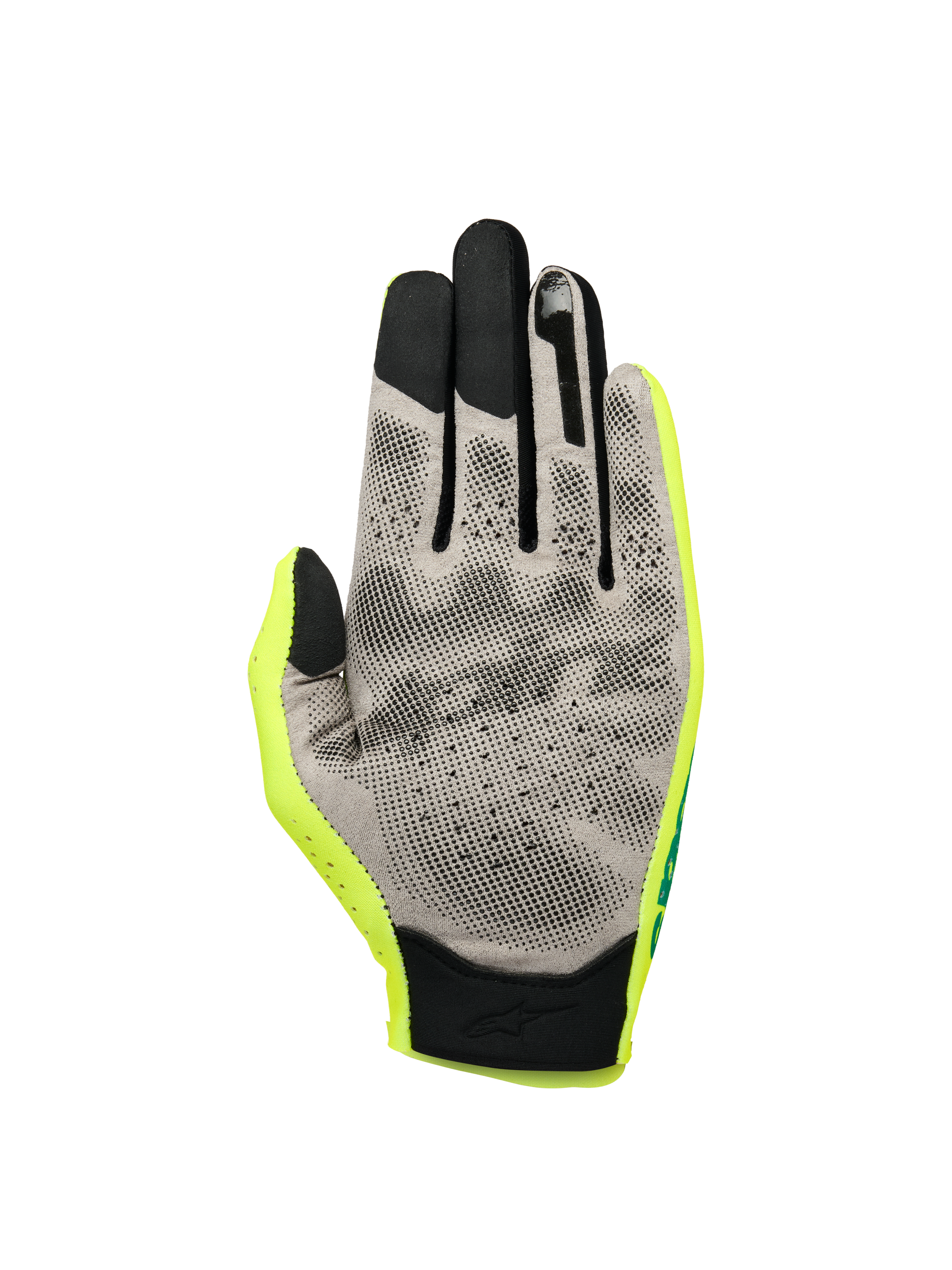Alpinestars Sim Gloves Graphic 1, guanti da SIM racing, giallo fluo, nero e turchese, vista del palmo con materiale Nanofront® grigio e motivo grip 3D nero, punte delle dita compatibili con touchscreen, costruzione in tessuto leggero