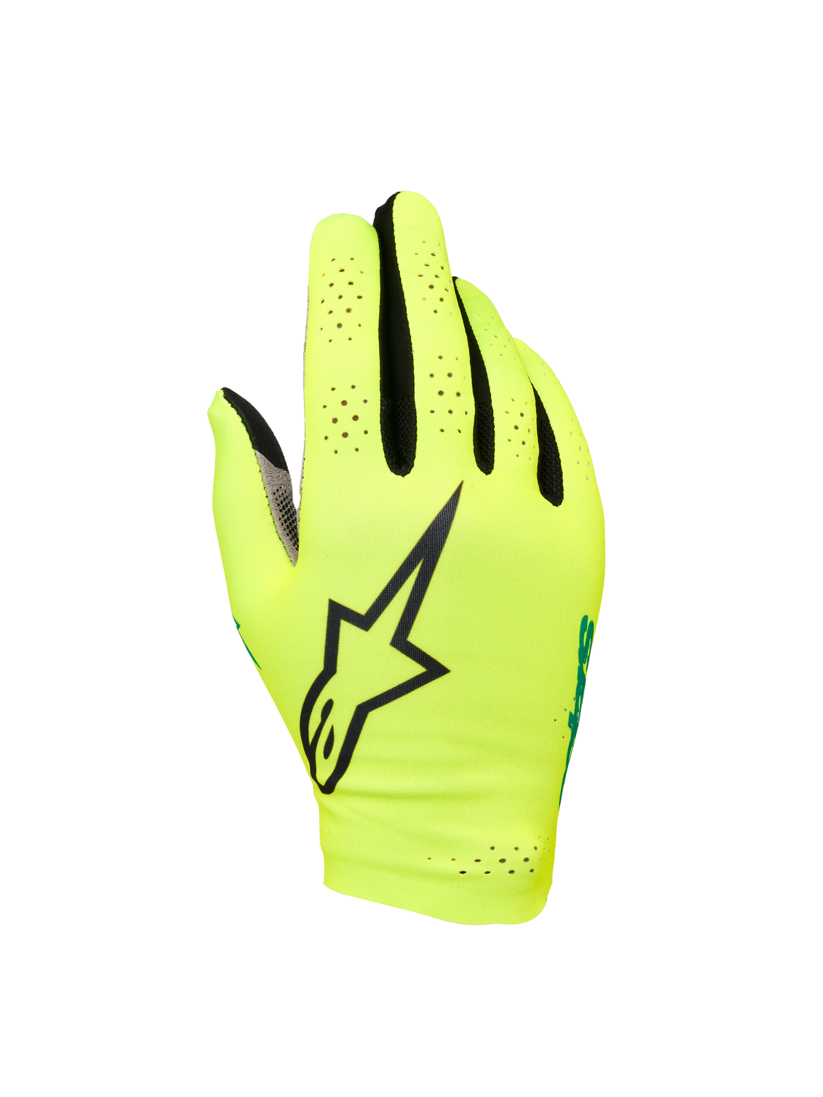 Alpinestars Sim Gloves Graphic 1, guanti da SIM racing, giallo fluo e nero con accenti turchese, grande logo a stella nero, materiale elasticizzato leggero e traforato per la ventilazione, design a polsino corto per precisione nel gaming