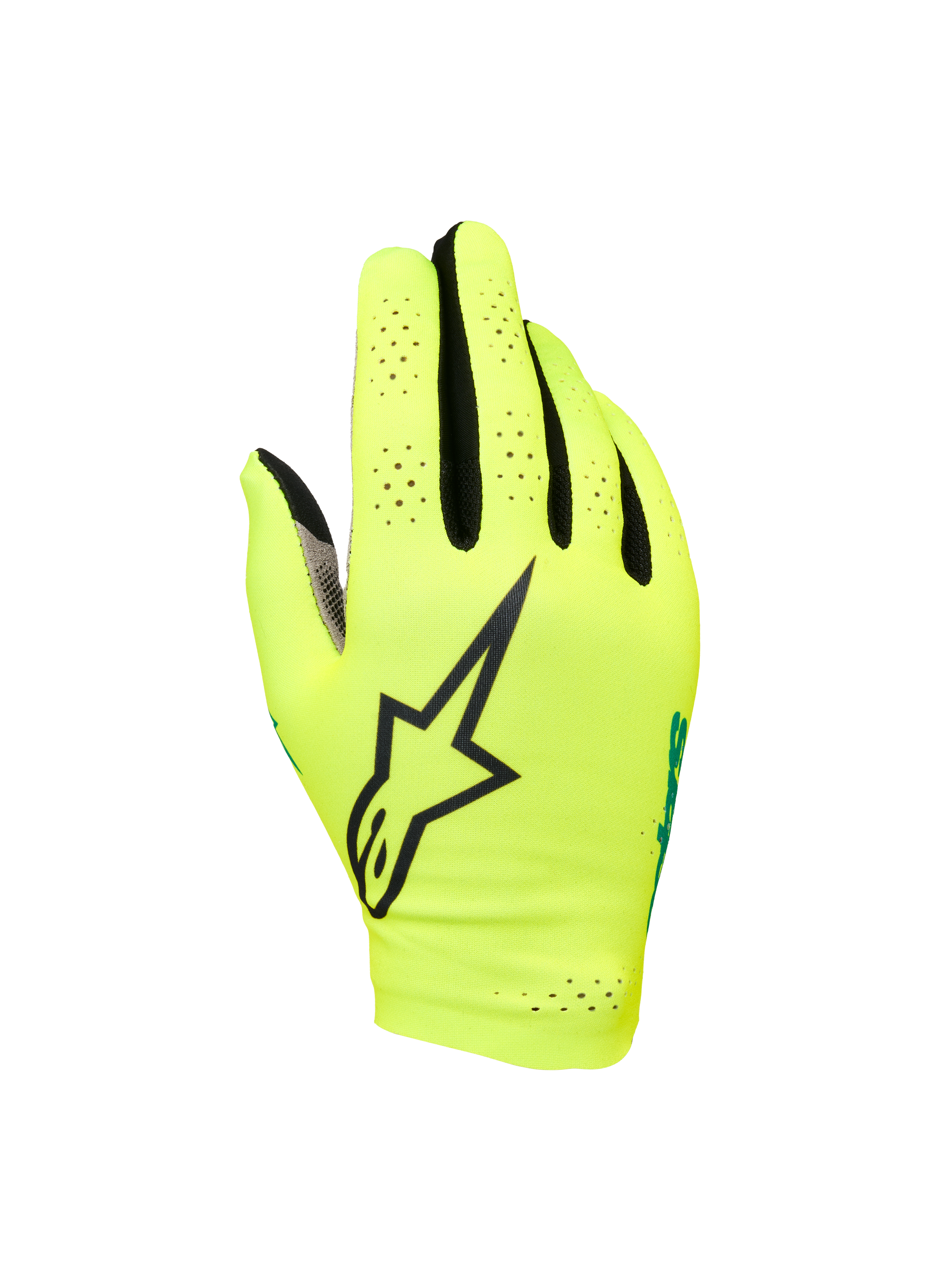 Alpinestars Sim Gloves Graphic 1, guanti da SIM racing, giallo fluo e nero con accenti turchese, grande logo a stella nero, materiale elasticizzato leggero e traforato per la ventilazione, design a polsino corto per precisione nel gaming