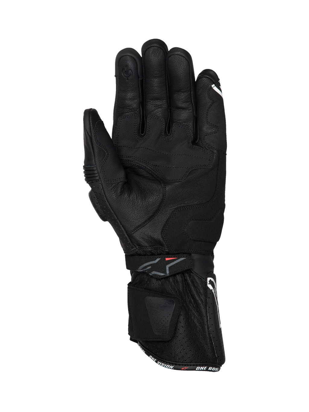 Alpinestars Guanti SP-3, guanti da moto racing da uomo, nero, in pelle con polsino lungo, vista del palmo con rinforzi imbottiti e inserti grip per guida su strada.
