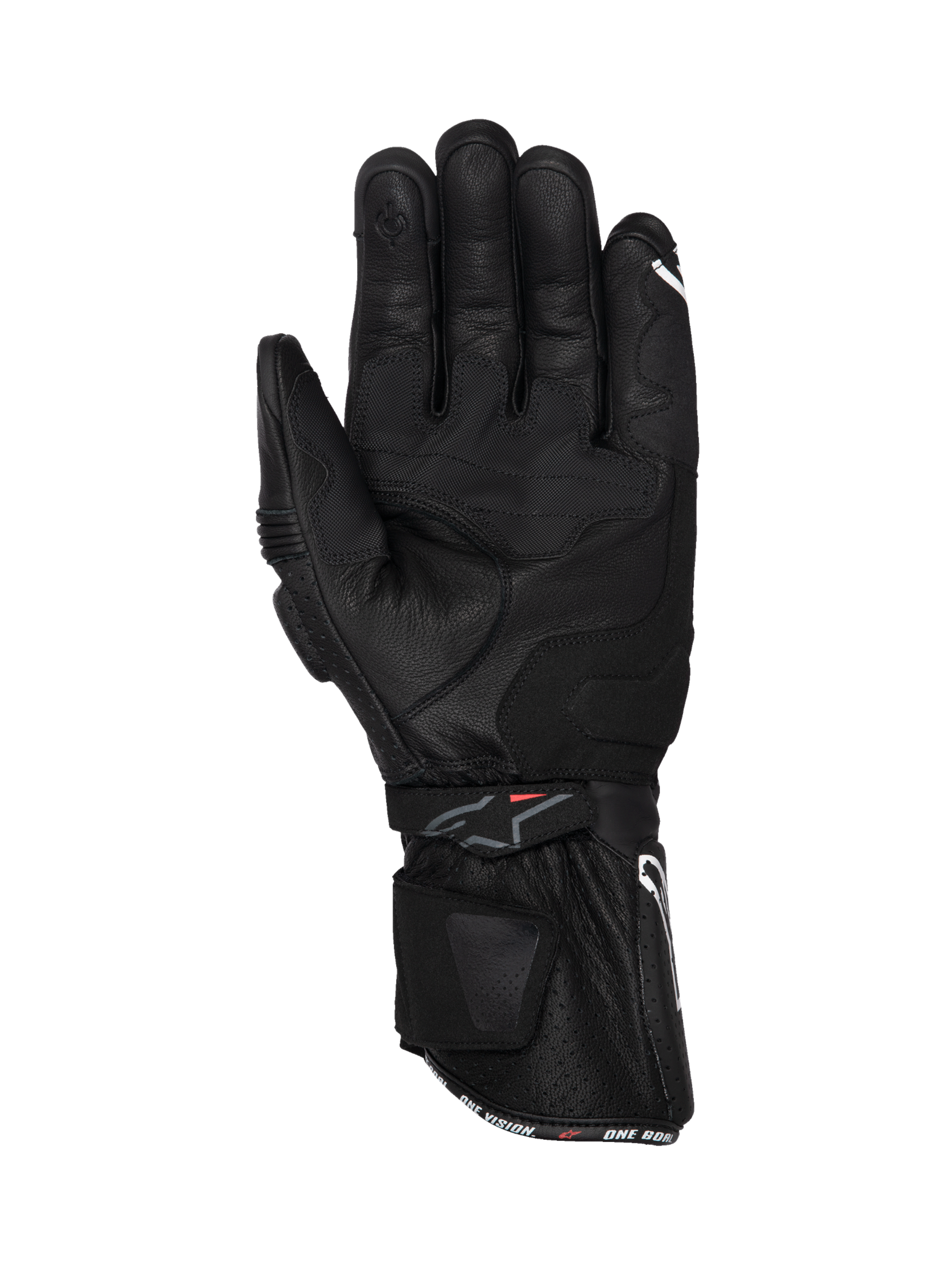 Alpinestars Guanti SP-3, guanti da moto racing da uomo, nero, in pelle con polsino lungo, vista del palmo con rinforzi imbottiti e inserti grip per guida su strada.