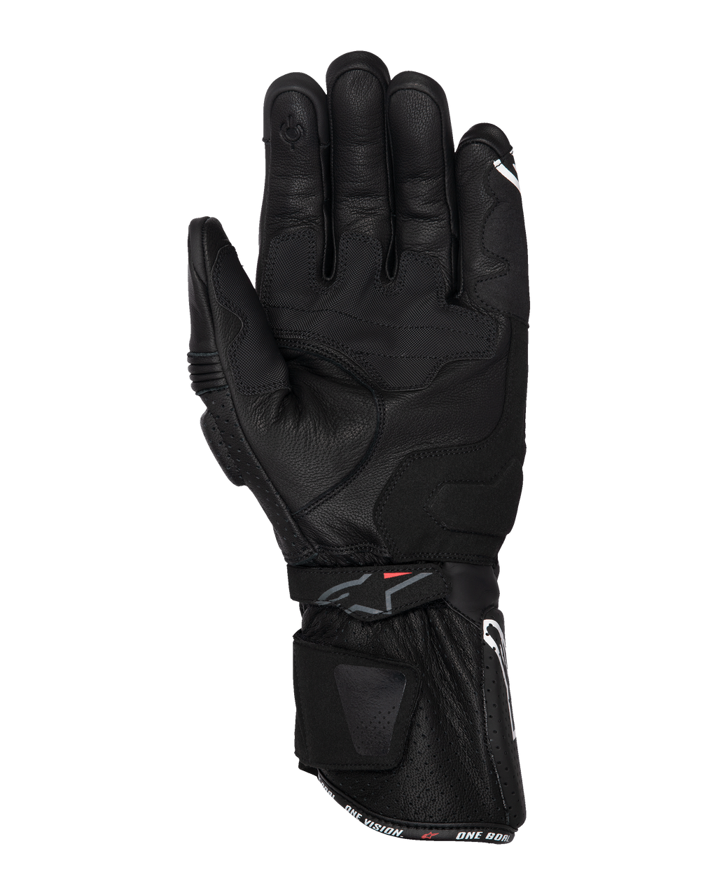 Guanti Alpinestars SP-3, guanti da moto neri, vista del palmo con costruzione interamente in pelle, polsino lungo con doppio sistema di chiusura, rinforzi grip sul palmo e punta del dito compatibile con touchscreen, abbigliamento stradale di ispirazione racing