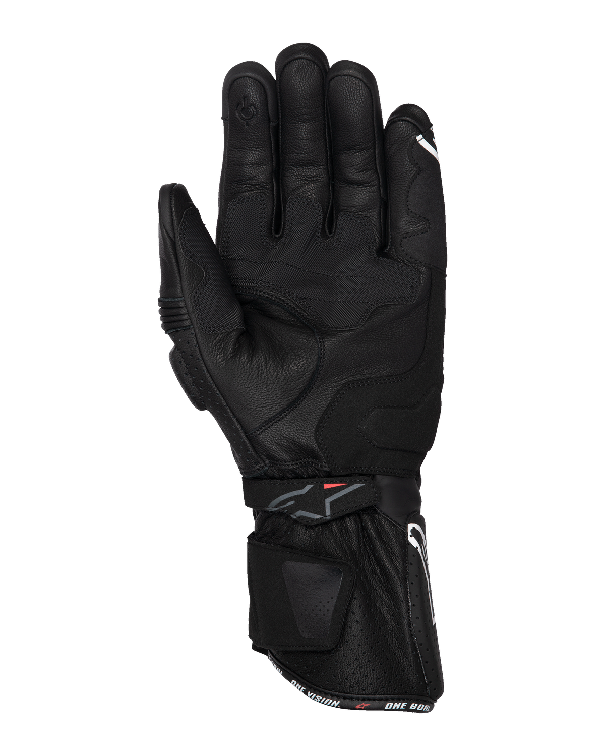 Guanti Alpinestars SP-3, guanti da moto neri, vista del palmo con costruzione interamente in pelle, polsino lungo con doppio sistema di chiusura, rinforzi grip sul palmo e punta del dito compatibile con touchscreen, abbigliamento stradale di ispirazione racing