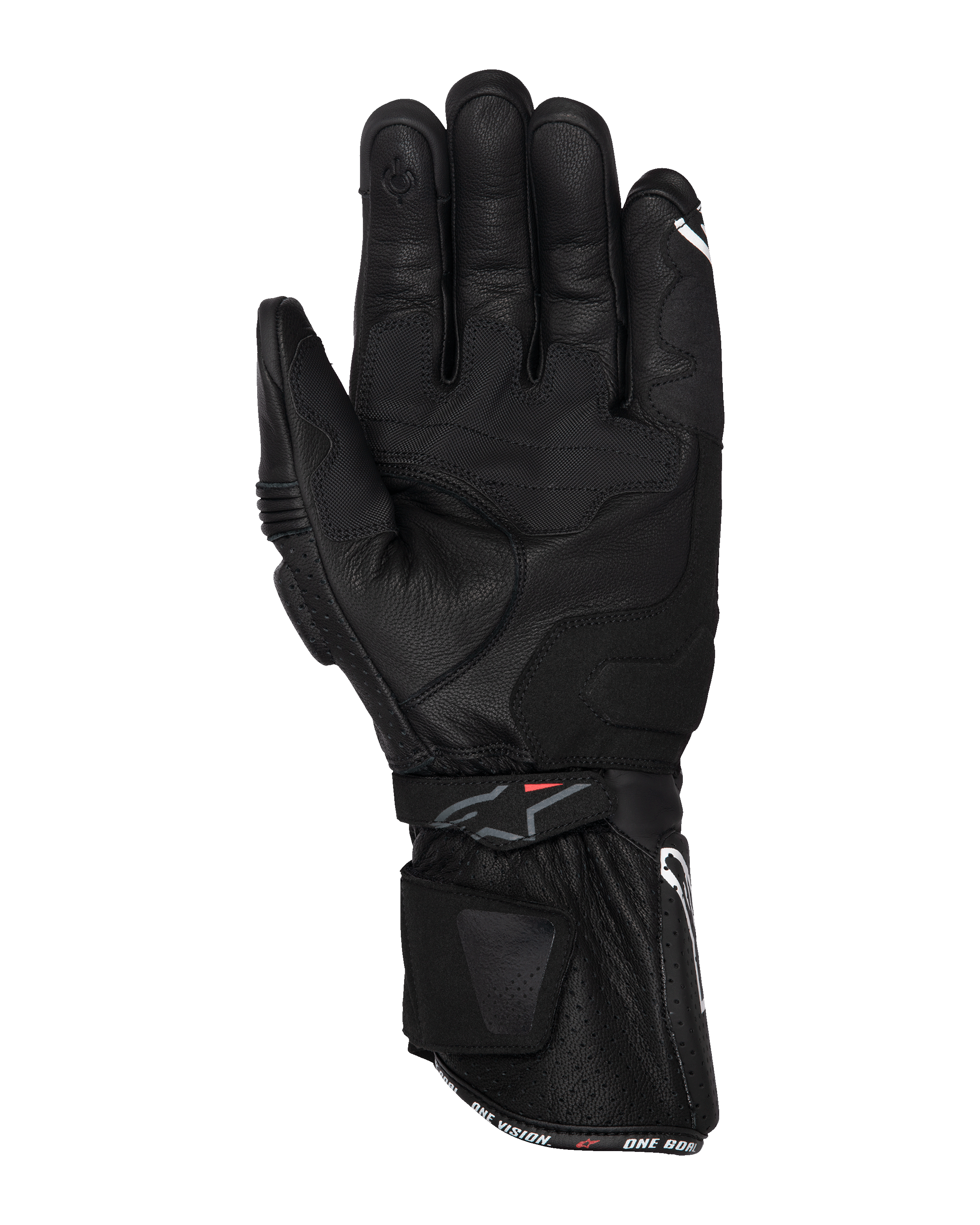 Guanti Alpinestars SP-3, guanti da moto neri, vista del palmo con costruzione interamente in pelle, polsino lungo con doppio sistema di chiusura, rinforzi grip sul palmo e punta del dito compatibile con touchscreen, abbigliamento stradale di ispirazione racing