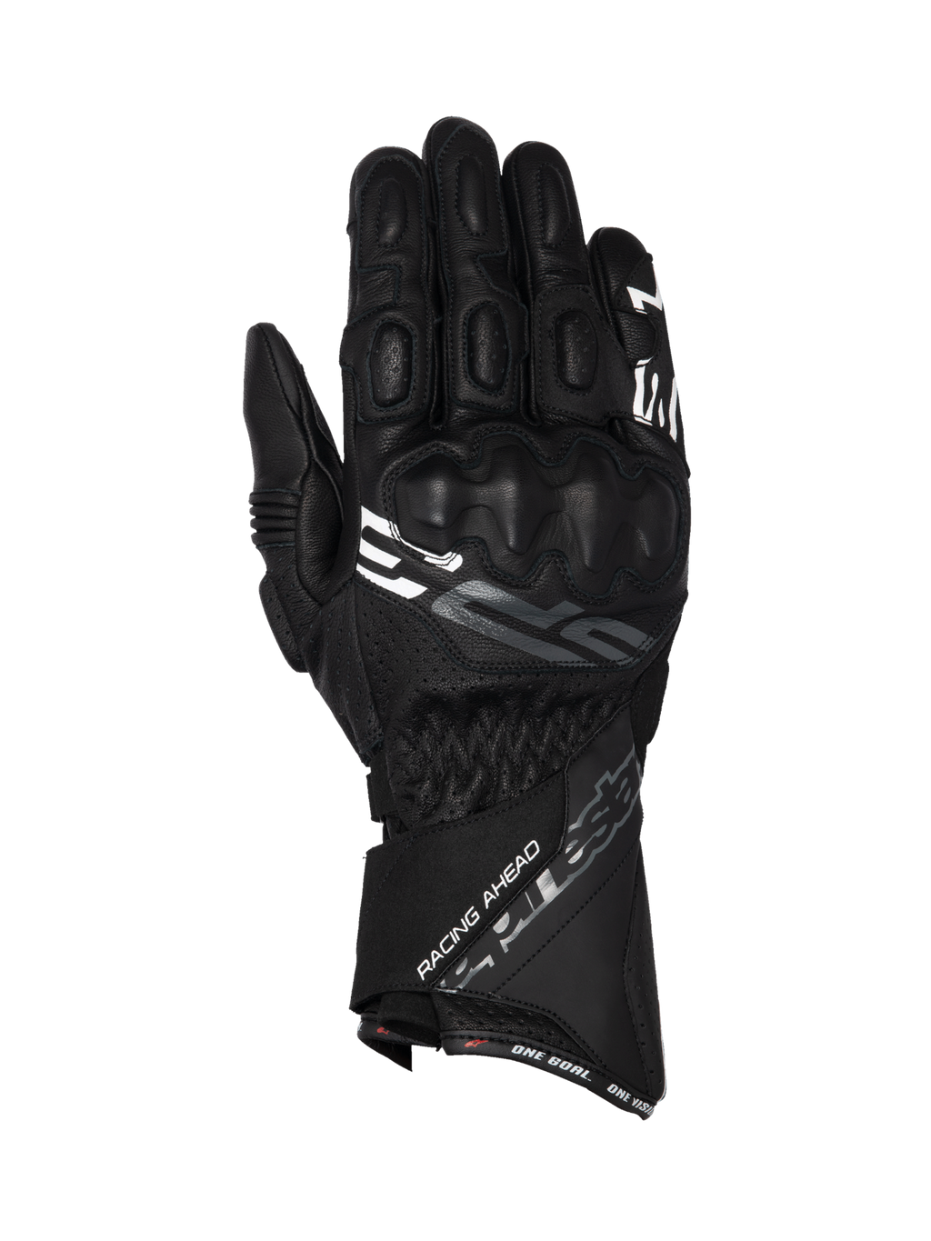 Alpinestars guanti SP-3, guanti da moto racing da uomo, neri, in pelle di capra con polsino lungo, protezione nocche integrata, certificati CE, scritte Racing Ahead e One Goal One Vision