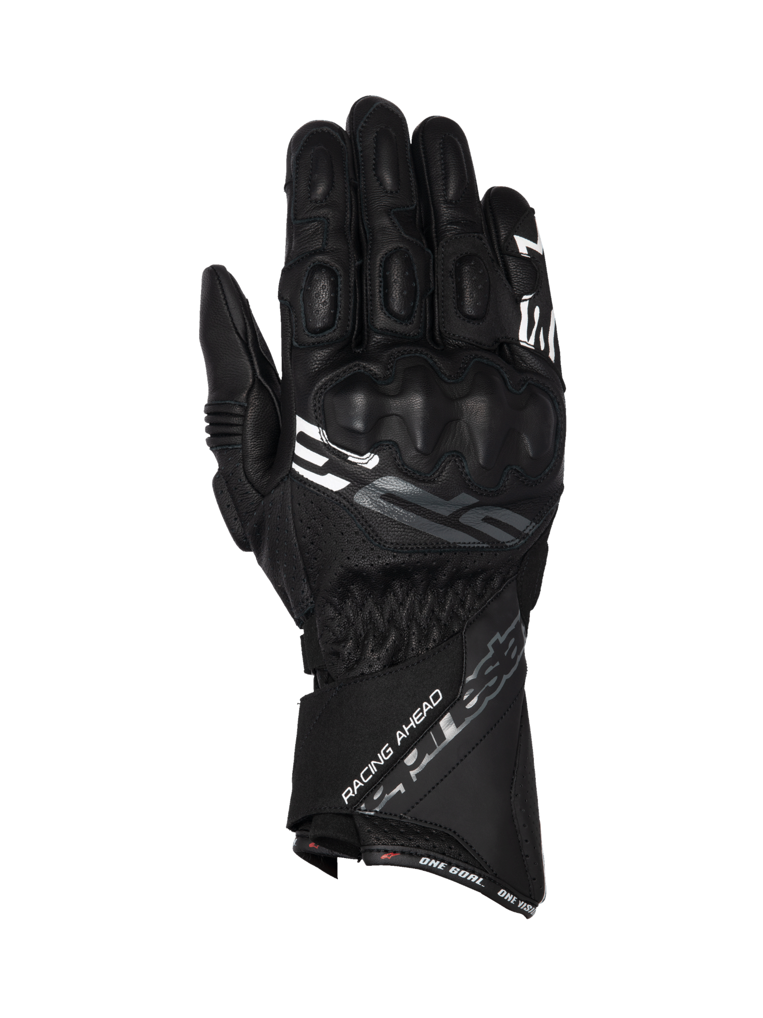 Alpinestars guanti SP-3, guanti da moto racing da uomo, neri, in pelle di capra con polsino lungo, protezione nocche integrata, certificati CE, scritte Racing Ahead e One Goal One Vision