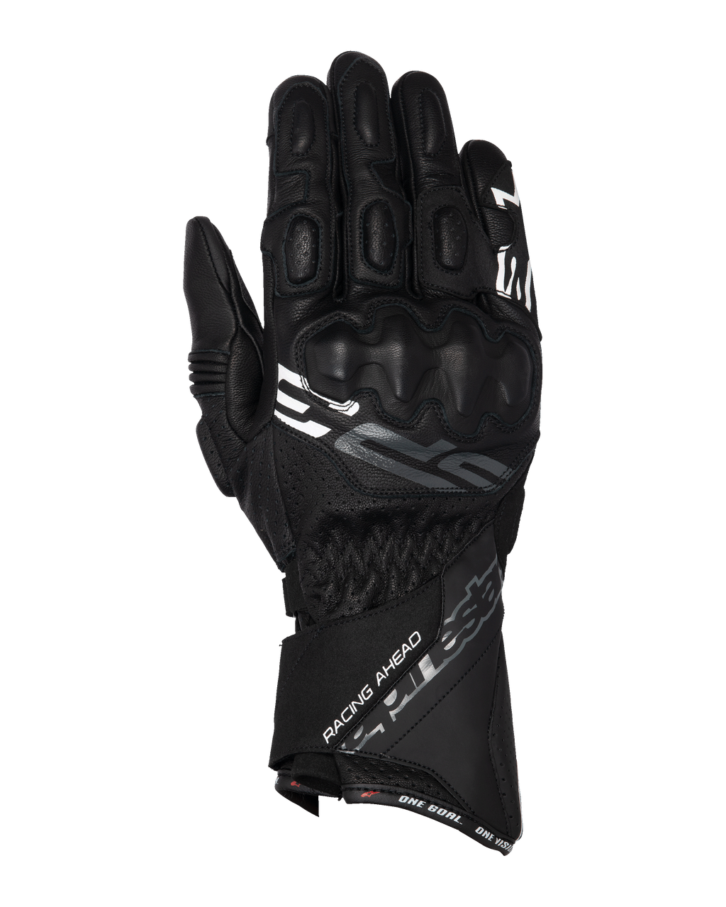 Guanti Alpinestars SP-3, guanti da moto racing a polsino lungo, nero con accenti bianchi e grigi, protezione nocche rivestita in PU, costruzione in pelle testurizzata con dettagli traforati, cinturino da polso regolabile