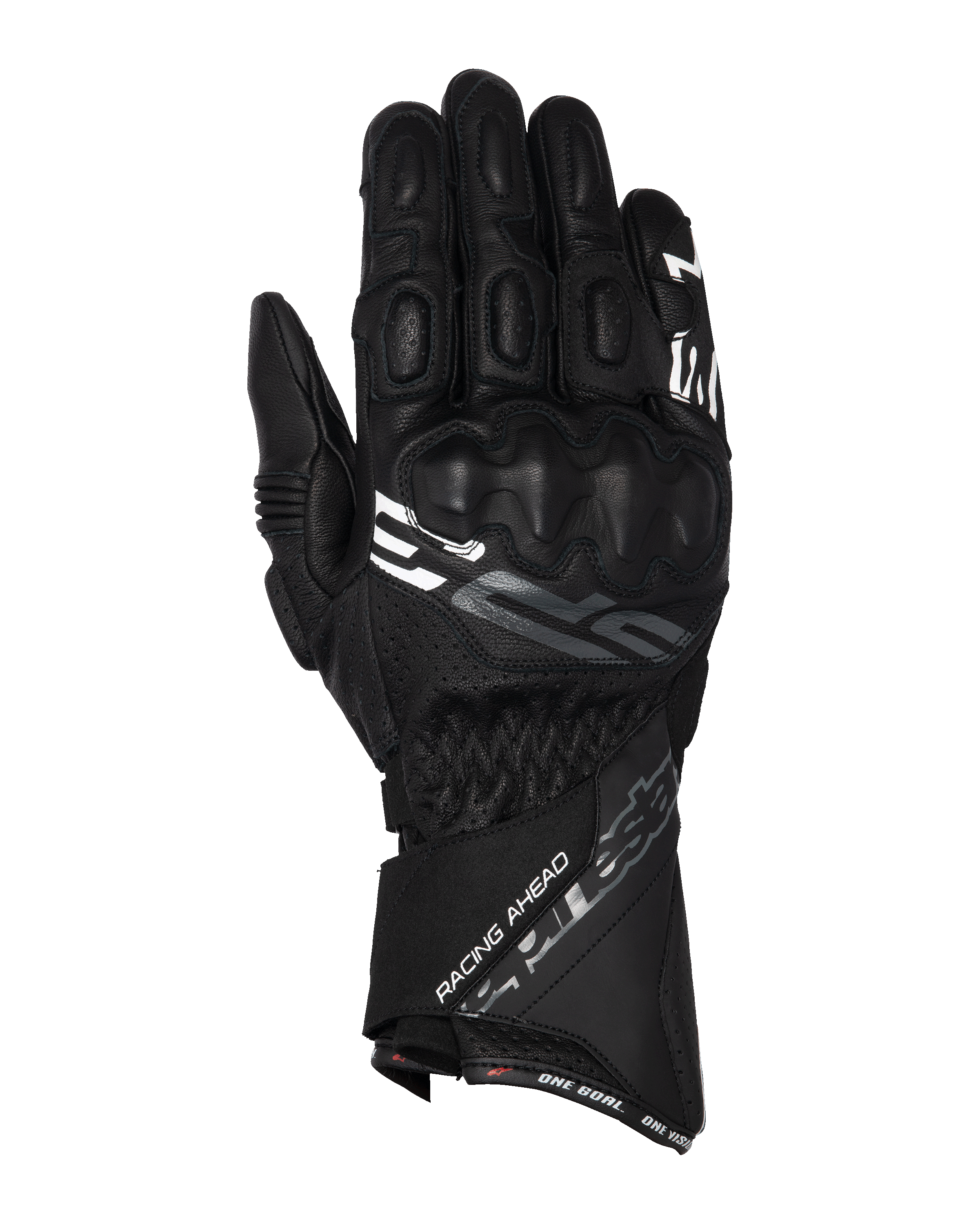 Guanti Alpinestars SP-3, guanti da moto racing a polsino lungo, nero con accenti bianchi e grigi, protezione nocche rivestita in PU, costruzione in pelle testurizzata con dettagli traforati, cinturino da polso regolabile
