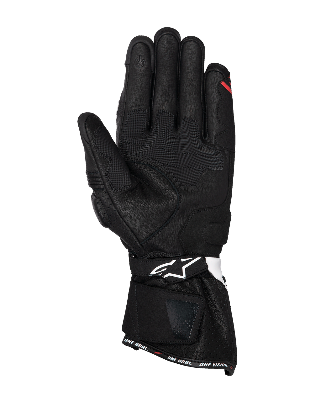 Guanti Alpinestars SP-3, guanti da moto in pelle nera, vista del palmo con pannelli di rinforzo per la presa, indice compatibile con touchscreen, polsino lungo con logo bianco sul cinturino e scritta 'ONE GOAL. ONE VISION.' sull'orlo.