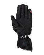 Guanti Alpinestars SP-3, guanti da moto in pelle nera, vista del palmo con pannelli di rinforzo per la presa, indice compatibile con touchscreen, polsino lungo con logo bianco sul cinturino e scritta 'ONE GOAL. ONE VISION.' sull'orlo.