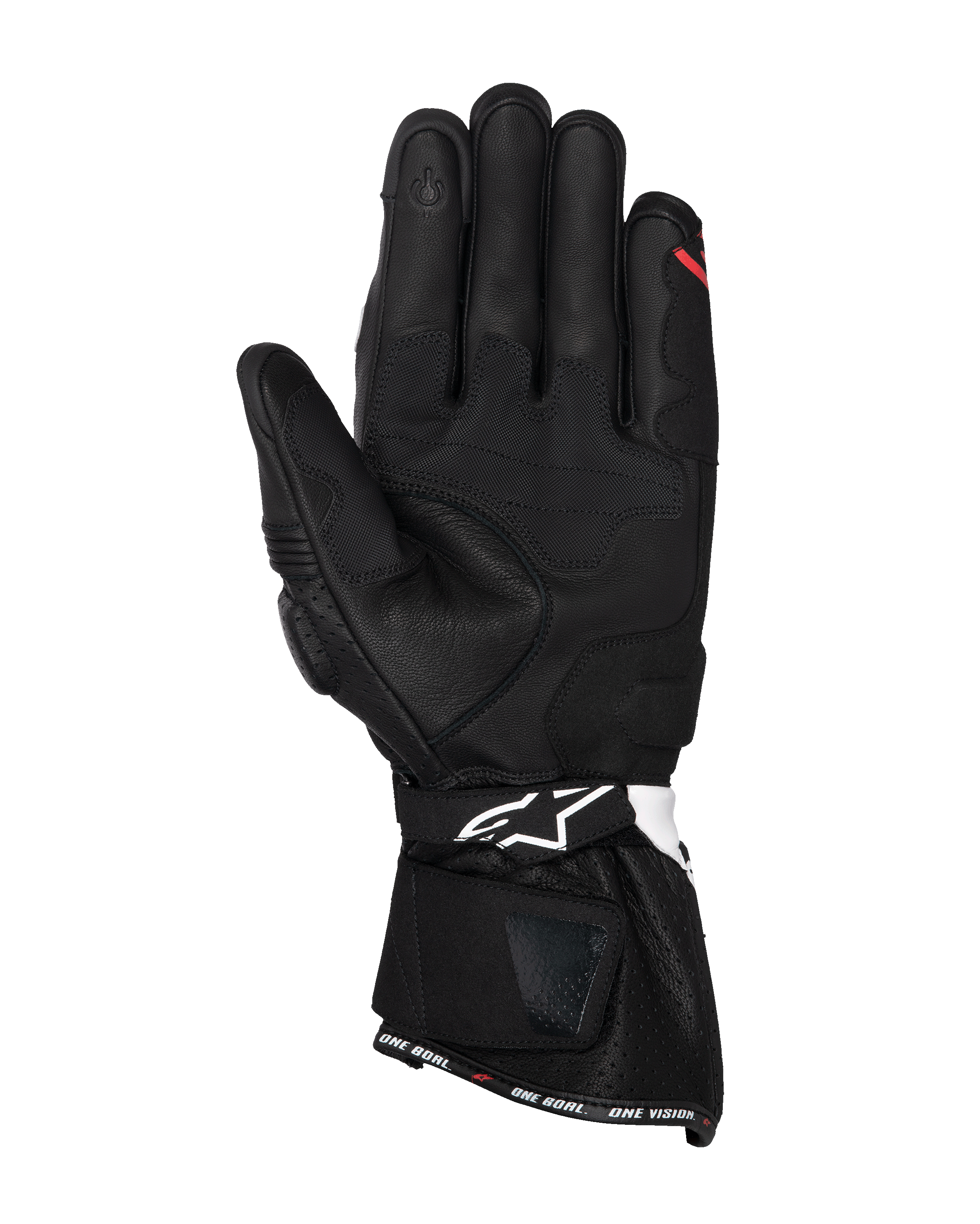 Guanti Alpinestars SP-3, guanti da moto in pelle nera, vista del palmo con pannelli di rinforzo per la presa, indice compatibile con touchscreen, polsino lungo con logo bianco sul cinturino e scritta 'ONE GOAL. ONE VISION.' sull'orlo.