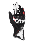 Guanti Alpinestars SP-3, guanti da moto racing, nero, bianco e rosso fluo, design a polsino lungo con protezione rinforzata sulle nocche, costruzione in pelle traforata, con scritta 'Racing Ahead' e branding Alpinestars