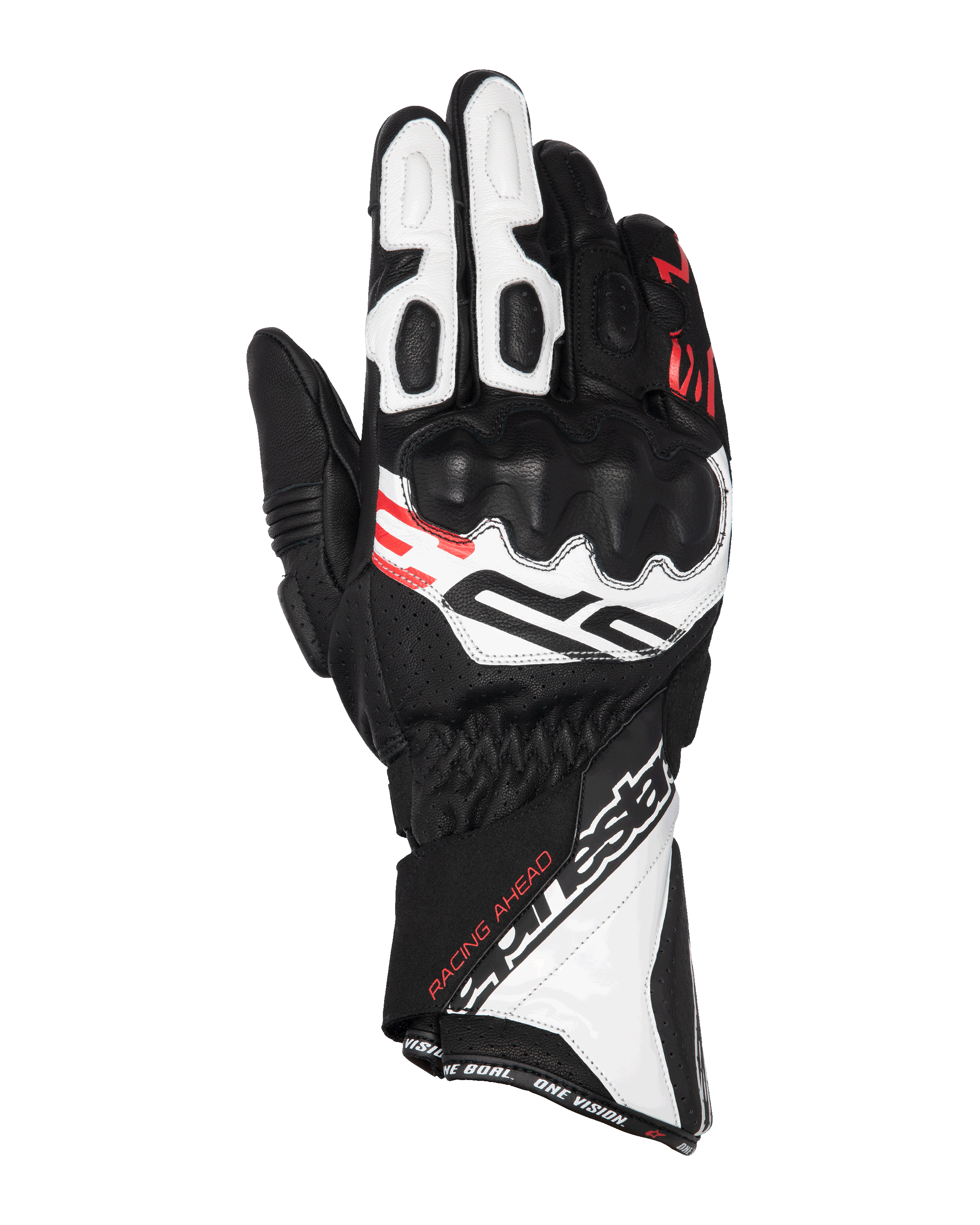 Guanti Alpinestars SP-3, guanti da moto racing, nero, bianco e rosso fluo, design a polsino lungo con protezione rinforzata sulle nocche, costruzione in pelle traforata, con scritta 'Racing Ahead' e branding Alpinestars