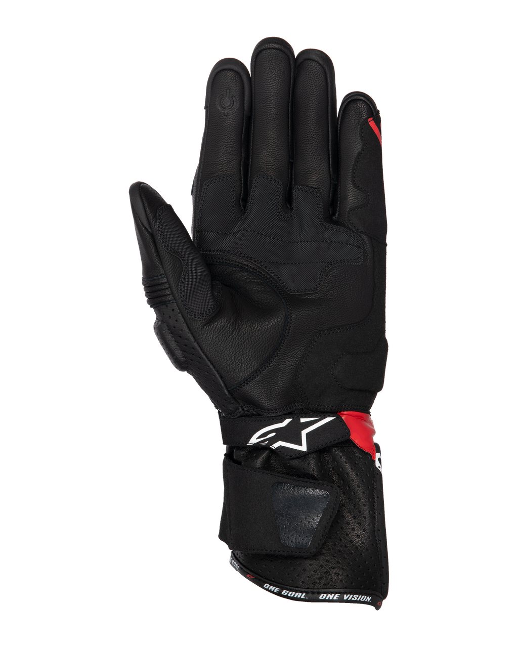 Guanti Alpinestars SP-3, guanti da moto, nero, rosso acceso e bianco, vista del palmo che mostra la struttura in pelle con rinforzi grip, punta del dito compatibile con touchscreen, polsino lungo con logo bianco e accenti rossi, design sportivo e racing.