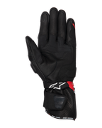 Guanti Alpinestars SP-3, guanti da moto, nero, rosso acceso e bianco, vista del palmo che mostra la struttura in pelle con rinforzi grip, punta del dito compatibile con touchscreen, polsino lungo con logo bianco e accenti rossi, design sportivo e racing.