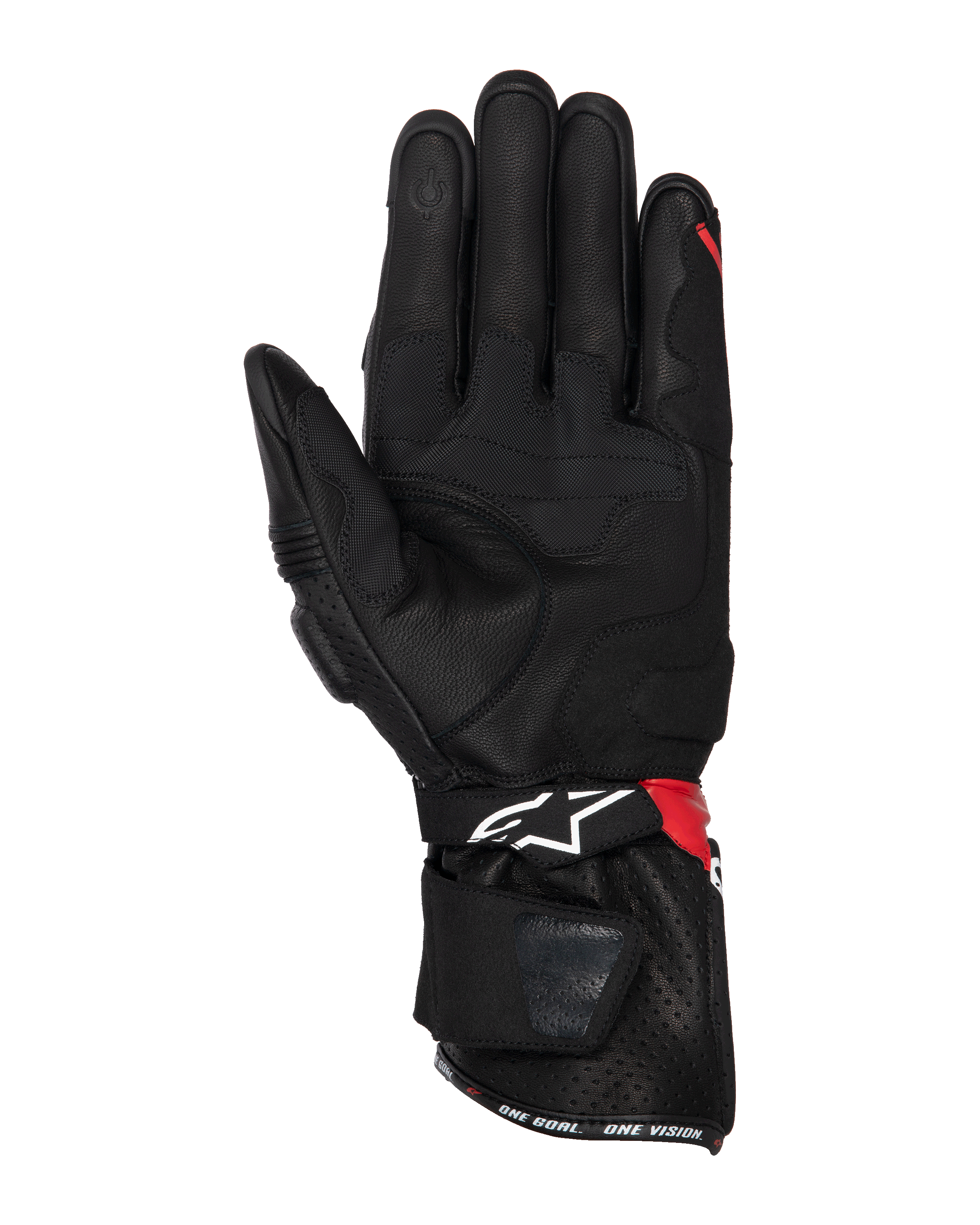 Guanti Alpinestars SP-3, guanti da moto, nero, rosso acceso e bianco, vista del palmo che mostra la struttura in pelle con rinforzi grip, punta del dito compatibile con touchscreen, polsino lungo con logo bianco e accenti rossi, design sportivo e racing.