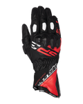 Guanti Alpinestars SP-3, guanti da moto racing a polsino lungo, nero con dettagli rosso brillante e bianchi, protezione nocche rivestita in PU, pannelli traforati bianchi sulle dita, design sportivo con branding audace, struttura in resistente pelle di capra