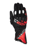 Guanti Alpinestars SP-3, guanti da moto racing a polsino lungo, nero con dettagli rosso brillante e bianchi, protezione nocche rivestita in PU, pannelli traforati bianchi sulle dita, design sportivo con branding audace, struttura in resistente pelle di capra