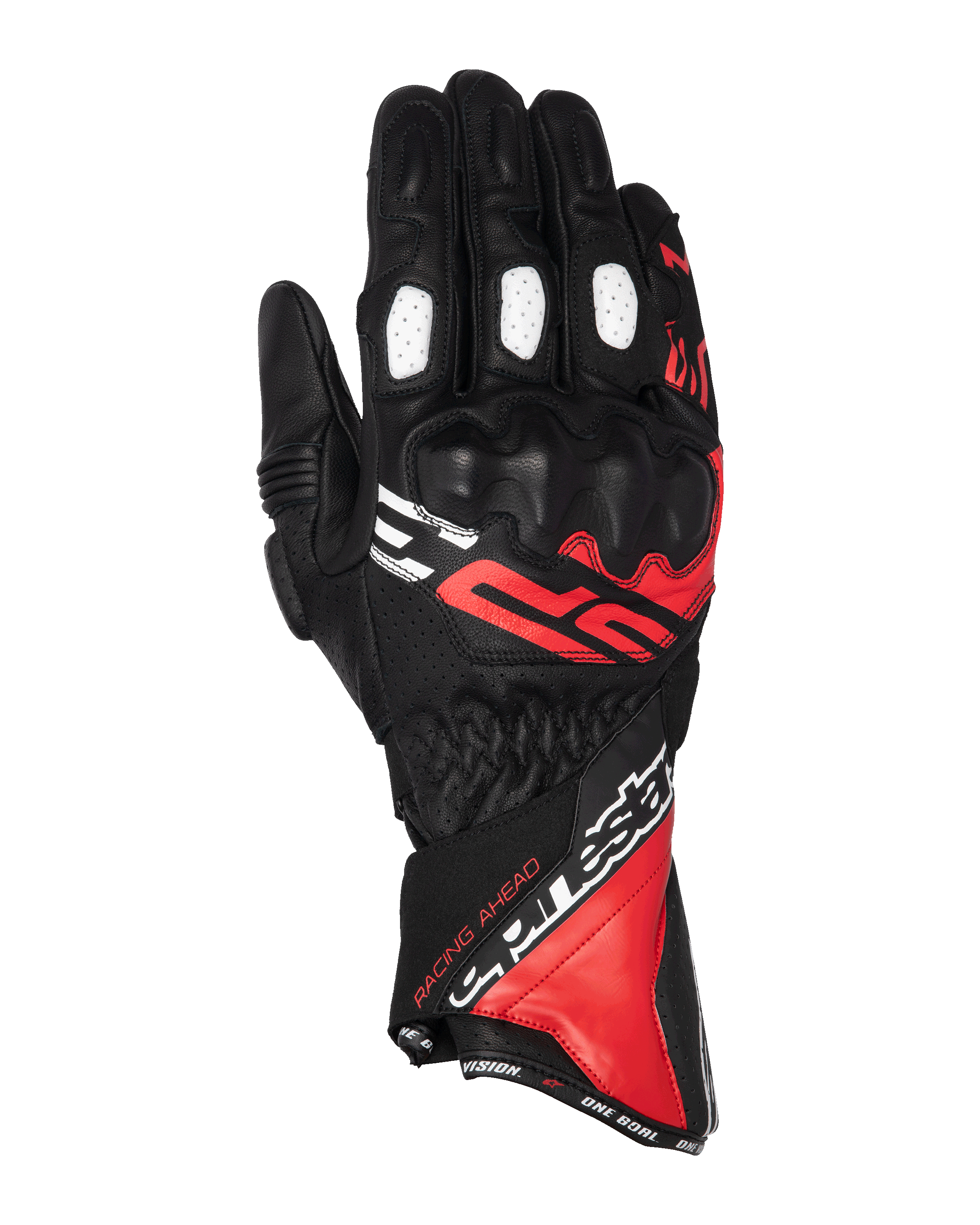 Guanti Alpinestars SP-3, guanti da moto racing a polsino lungo, nero con dettagli rosso brillante e bianchi, protezione nocche rivestita in PU, pannelli traforati bianchi sulle dita, design sportivo con branding audace, struttura in resistente pelle di capra