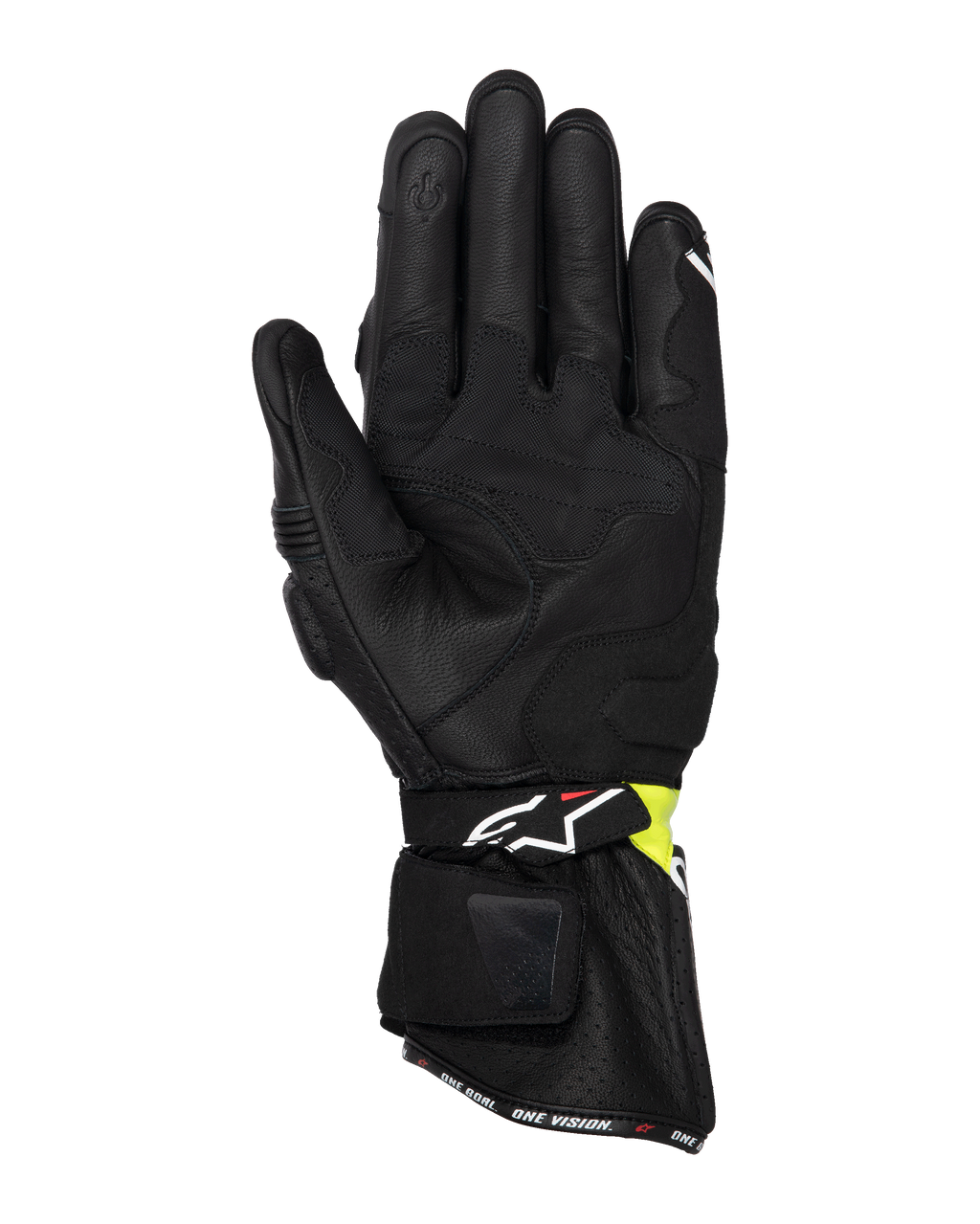 Guanti Alpinestars SP-3, guanti da moto stradali, nero e giallo fluo, vista del lato palmo che mostra la costruzione in pelle di capra, rinforzi imbottiti sul palmo, polsino lungo con cinturino regolabile e indice compatibile con touchscreen