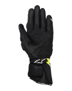 Guanti Alpinestars SP-3, guanti da moto stradali, nero e giallo fluo, vista del lato palmo che mostra la costruzione in pelle di capra, rinforzi imbottiti sul palmo, polsino lungo con cinturino regolabile e indice compatibile con touchscreen
