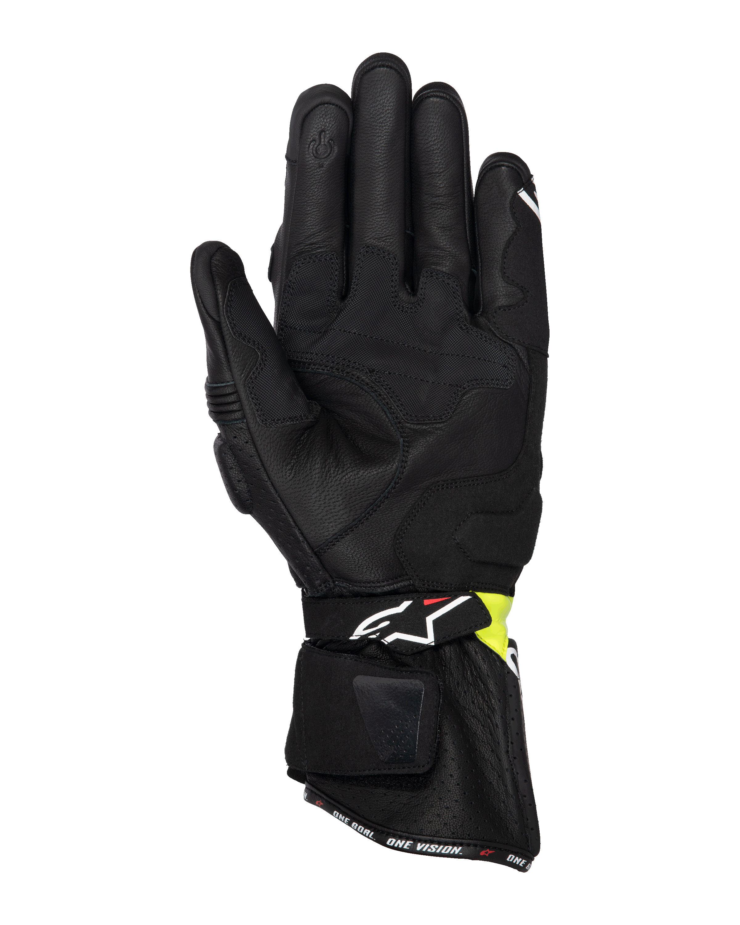 Guanti Alpinestars SP-3, guanti da moto stradali, nero e giallo fluo, vista del lato palmo che mostra la costruzione in pelle di capra, rinforzi imbottiti sul palmo, polsino lungo con cinturino regolabile e indice compatibile con touchscreen
