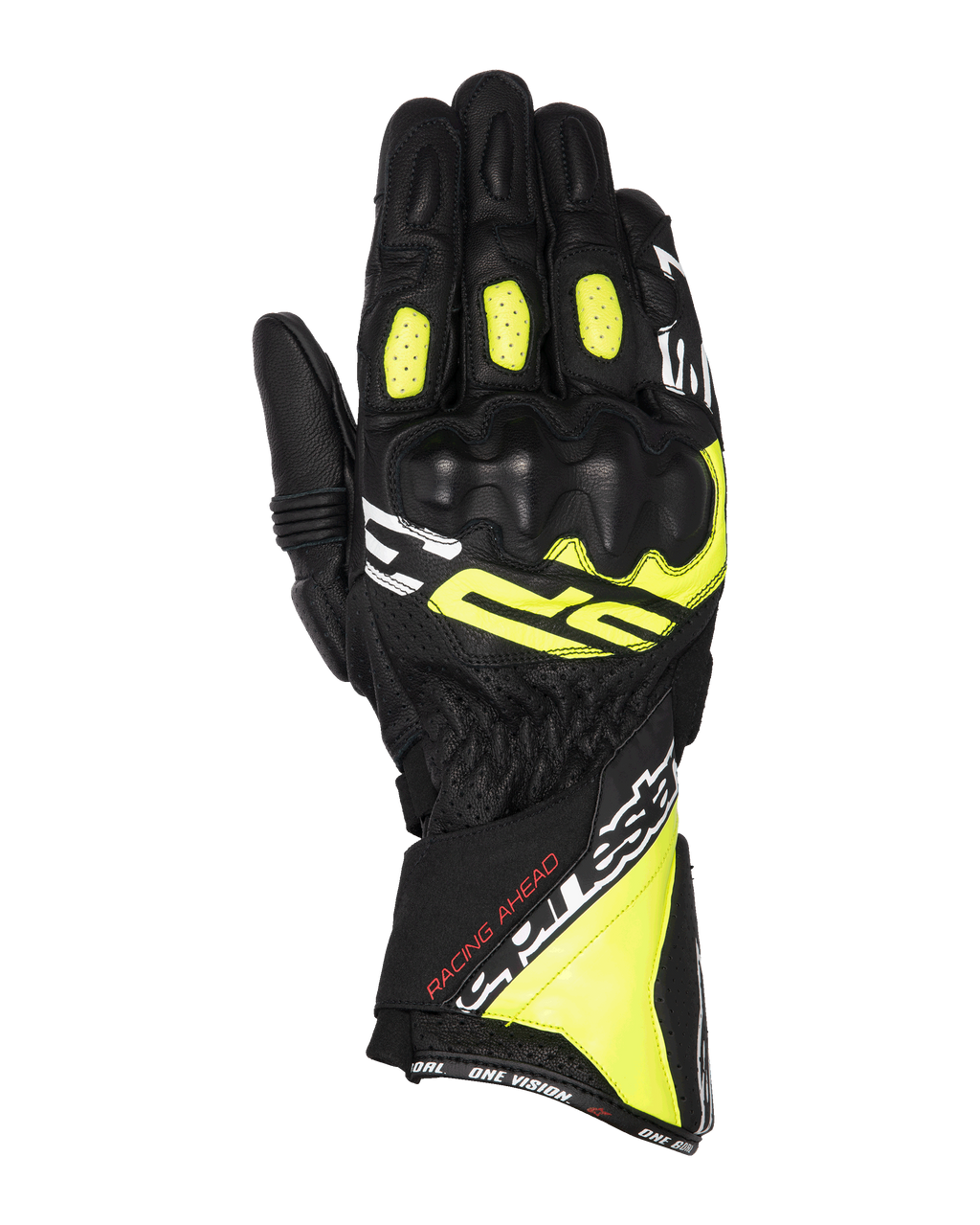 Guanti Alpinestars SP-3, guanti da moto racing, nero, giallo fluo e bianco, design a polsino lungo con protezione delle nocche rinforzata, costruzione in pelle di capra piena, pannelli flessibili a fisarmonica sulle dita e sistema di doppia chiusura sicura
