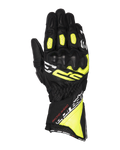 Guanti Alpinestars SP-3, guanti da moto racing, nero, giallo fluo e bianco, design a polsino lungo con protezione delle nocche rinforzata, costruzione in pelle di capra piena, pannelli flessibili a fisarmonica sulle dita e sistema di doppia chiusura sicura