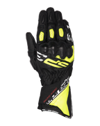 Guanti Alpinestars SP-3, guanti da moto racing, nero, giallo fluo e bianco, design a polsino lungo con protezione delle nocche rinforzata, costruzione in pelle di capra piena, pannelli flessibili a fisarmonica sulle dita e sistema di doppia chiusura sicura