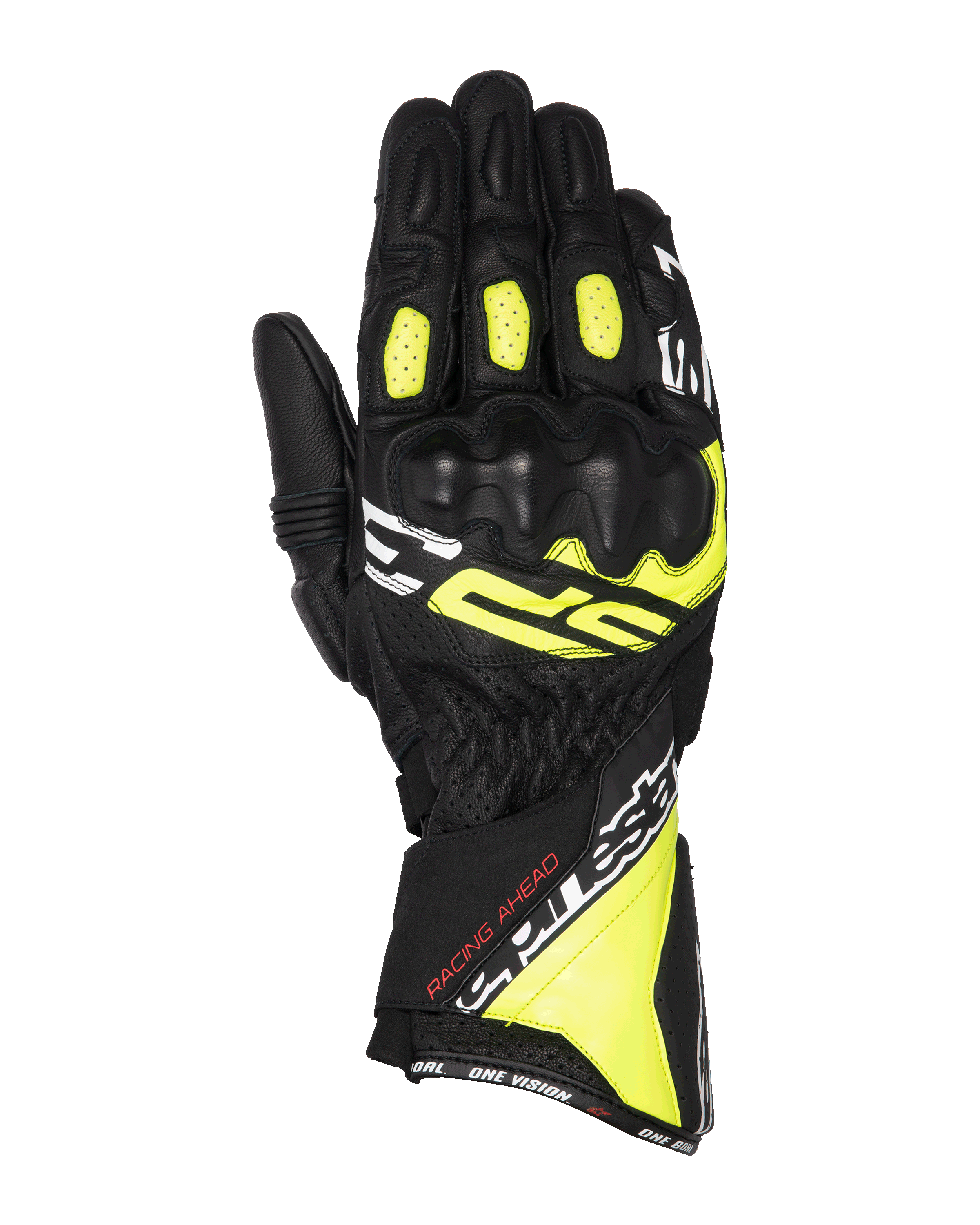 Guanti Alpinestars SP-3, guanti da moto racing, nero, giallo fluo e bianco, design a polsino lungo con protezione delle nocche rinforzata, costruzione in pelle di capra piena, pannelli flessibili a fisarmonica sulle dita e sistema di doppia chiusura sicura