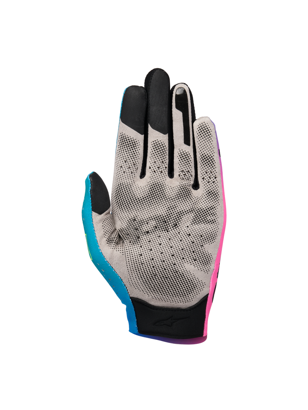 Alpinestars Sim Gloves Graphic 2, guanti da SIM racing, rosa, ciano e nero, vista del palmo in tessuto Nanofront grigio con motivo grip 3D nero, punte delle dita compatibili con touchscreen, progettati per il racing virtuale