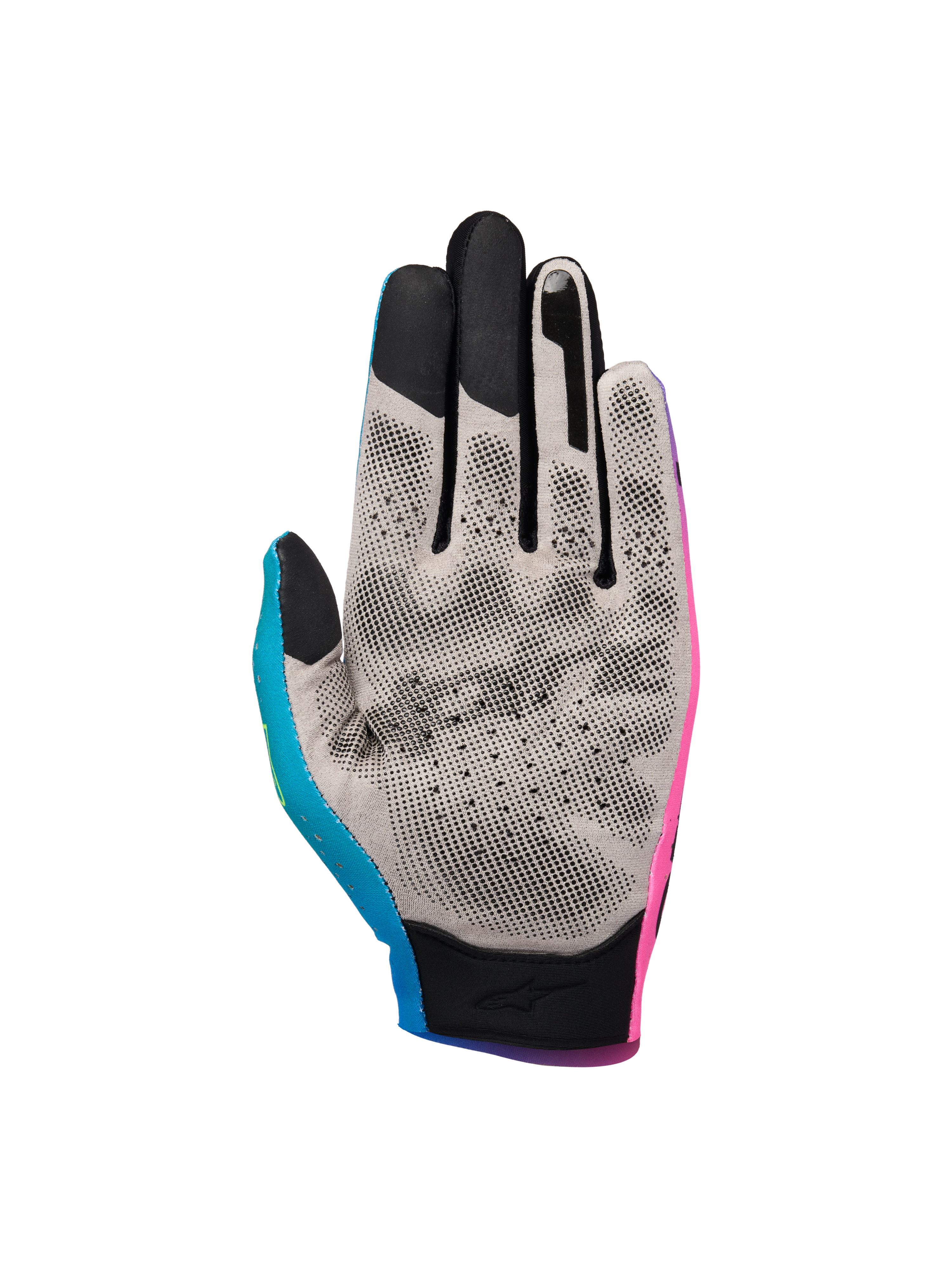 Alpinestars Sim Gloves Graphic 2, guanti da SIM racing, rosa, ciano e nero, vista del palmo in tessuto Nanofront grigio con motivo grip 3D nero, punte delle dita compatibili con touchscreen, progettati per il racing virtuale