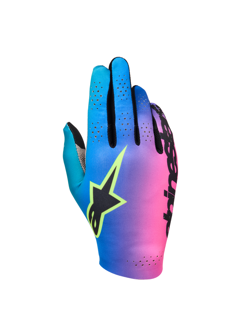 Alpinestars Sim Gloves Graphic 2, guanti da SIM racing, sfumatura ciano, viola e rosa, logo a stella nero con profilo giallo fluo, dorso traforato per la ventilazione, attrezzatura da gaming leggera ad alte prestazioni