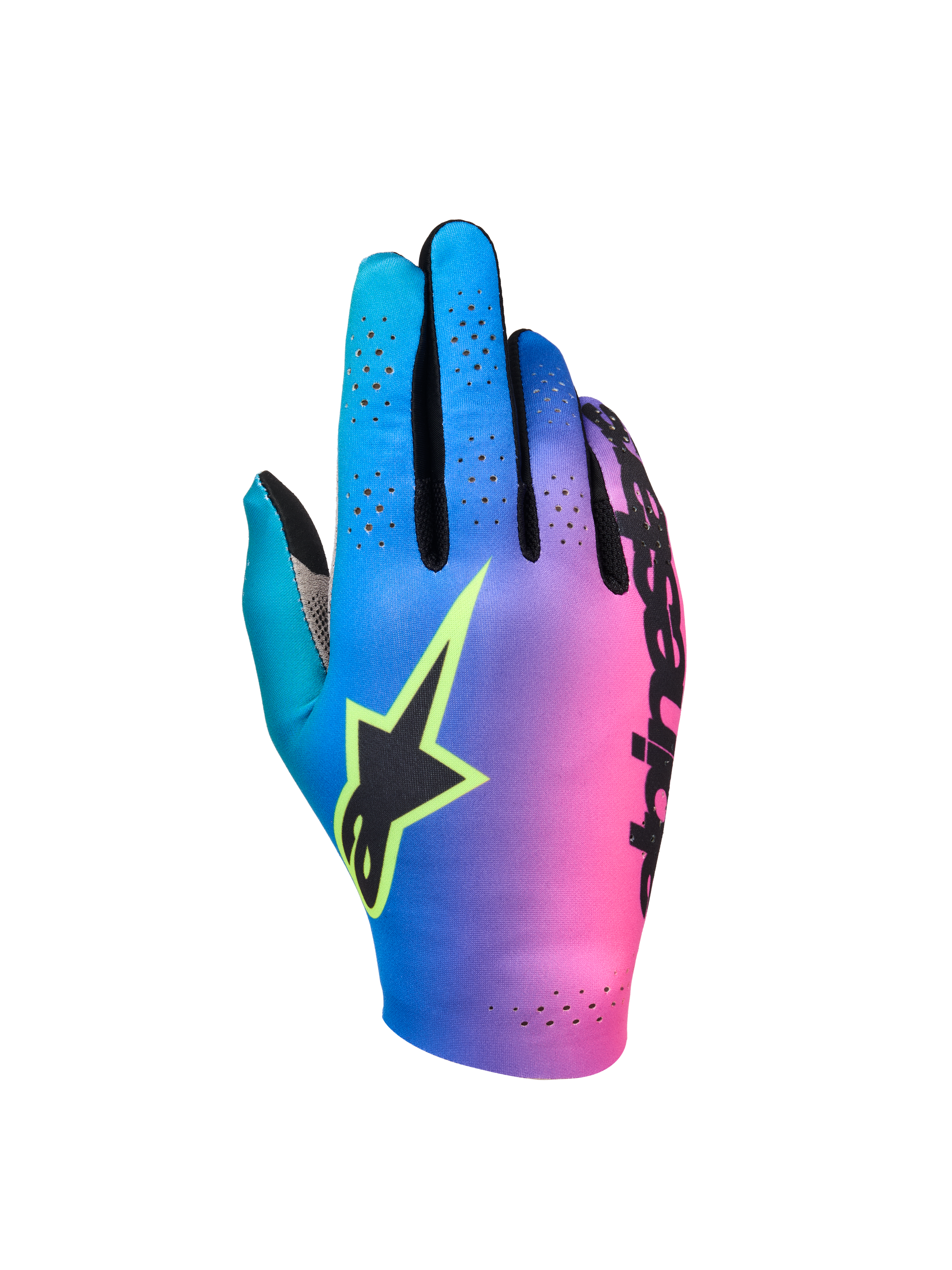 Alpinestars Sim Gloves Graphic 2, guanti da SIM racing, sfumatura ciano, viola e rosa, logo a stella nero con profilo giallo fluo, dorso traforato per la ventilazione, attrezzatura da gaming leggera ad alte prestazioni