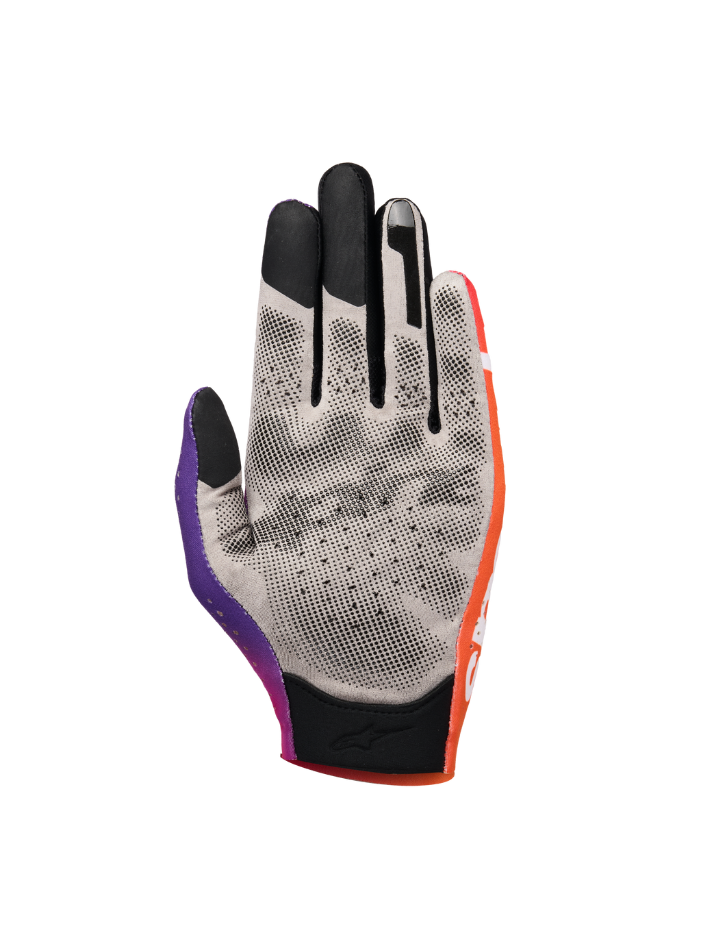 Alpinestars Sim Gloves Graphic 2, guanti da sim racing, arancione, viola neon e bianco, vista del palmo in tessuto grigio con puntini di grip neri stampati in 3D, punte delle dita compatibili con touchscreen e polsino corto per precisione nel racing virtuale