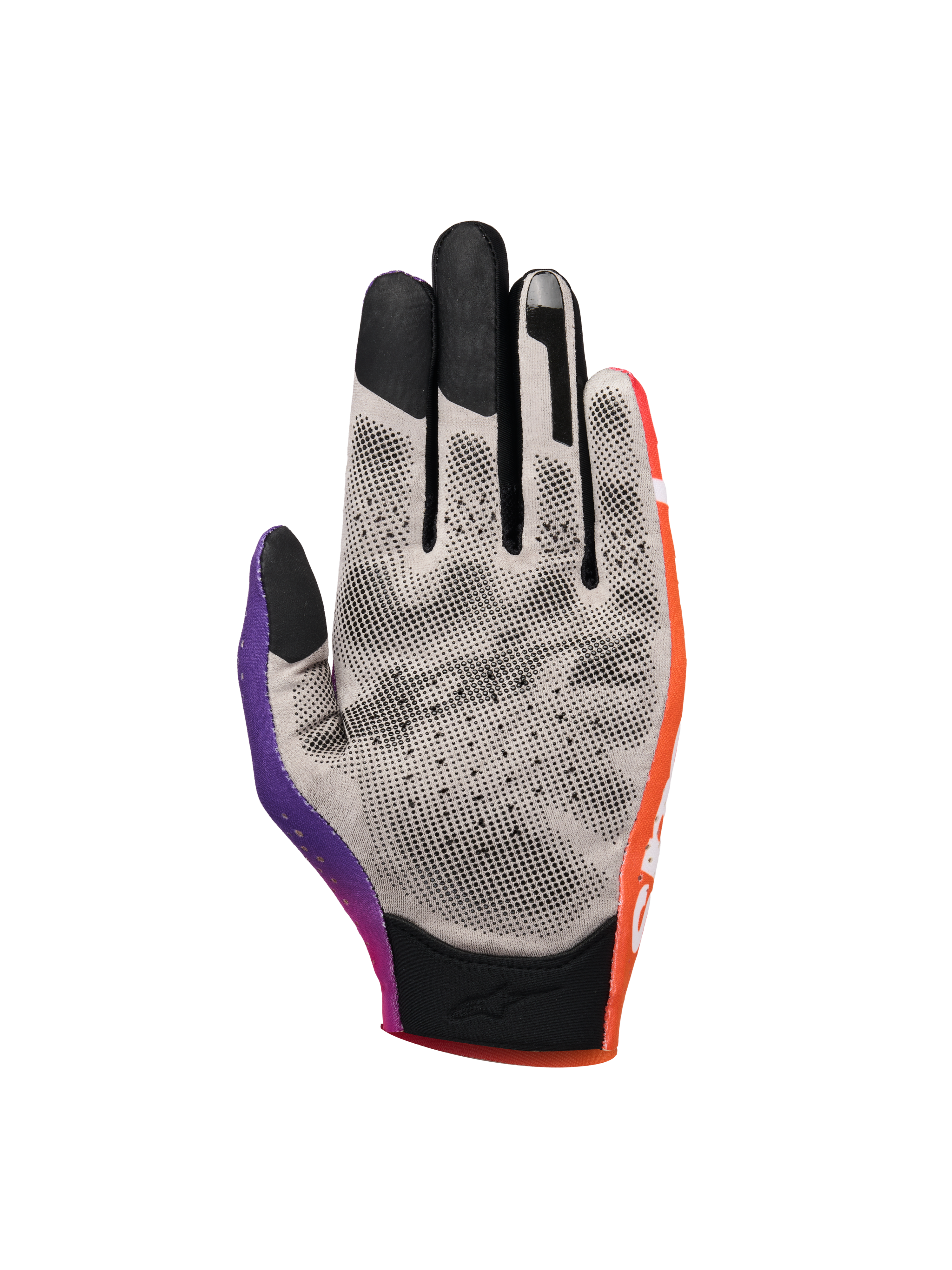 Alpinestars Sim Gloves Graphic 2, guanti da sim racing, arancione, viola neon e bianco, vista del palmo in tessuto grigio con puntini di grip neri stampati in 3D, punte delle dita compatibili con touchscreen e polsino corto per precisione nel racing virtuale