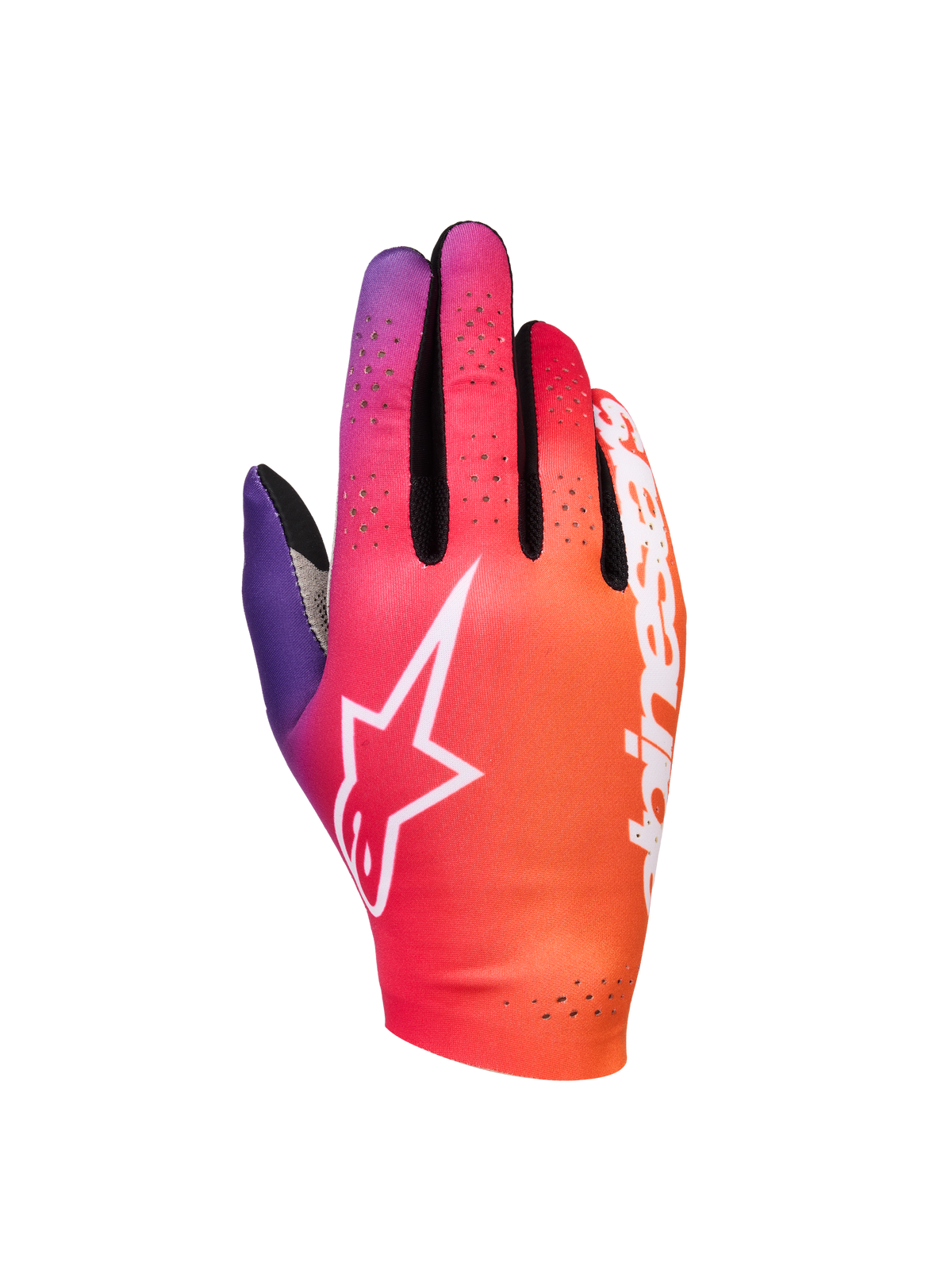 Alpinestars Sim Gloves Graphic 2, guanti da Sim Racing, sfumatura arancione, viola neon e bianco, con logo a stella bianco, dettagli di ventilazione traforati e tessuto elasticizzato leggero con accenti in mesh nero.