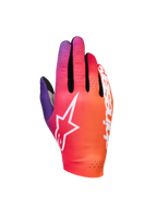 Alpinestars Sim Gloves Graphic 2, guanti da Sim Racing, sfumatura arancione, viola neon e bianco, con logo a stella bianco, dettagli di ventilazione traforati e tessuto elasticizzato leggero con accenti in mesh nero.