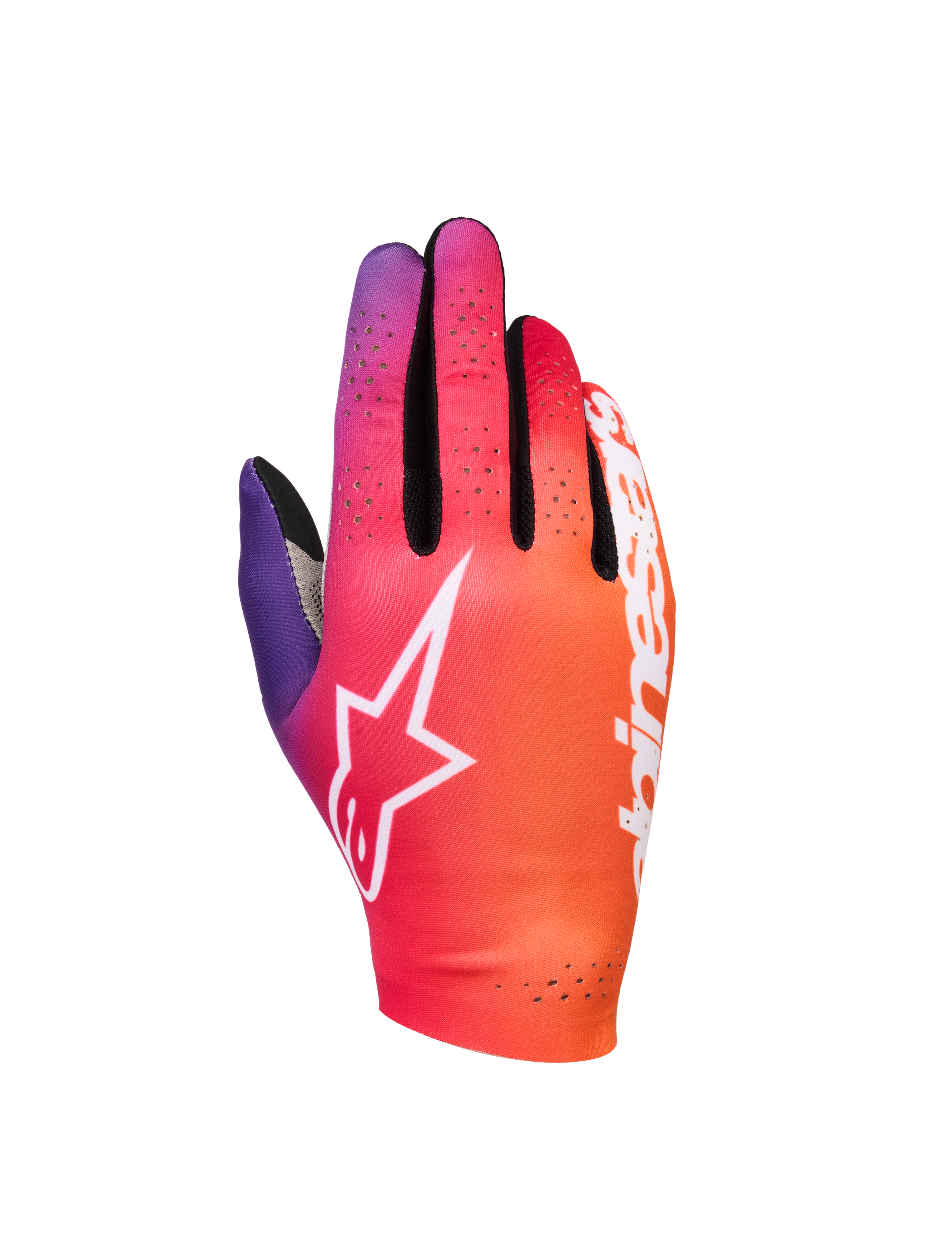 Alpinestars Sim Gloves Graphic 2, guanti da Sim Racing, sfumatura arancione, viola neon e bianco, con logo a stella bianco, dettagli di ventilazione traforati e tessuto elasticizzato leggero con accenti in mesh nero.