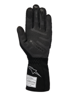Guanti Alpinestars Limited Edition Lamborghini Tech-1 ZX V4, guanti da corsa auto, nero e grigio scuro, vista del palmo con tecnologia grip in silicone 3D, logo argento sul polsino, etichetta di omologazione FIA, attrezzatura professionale da motorsport