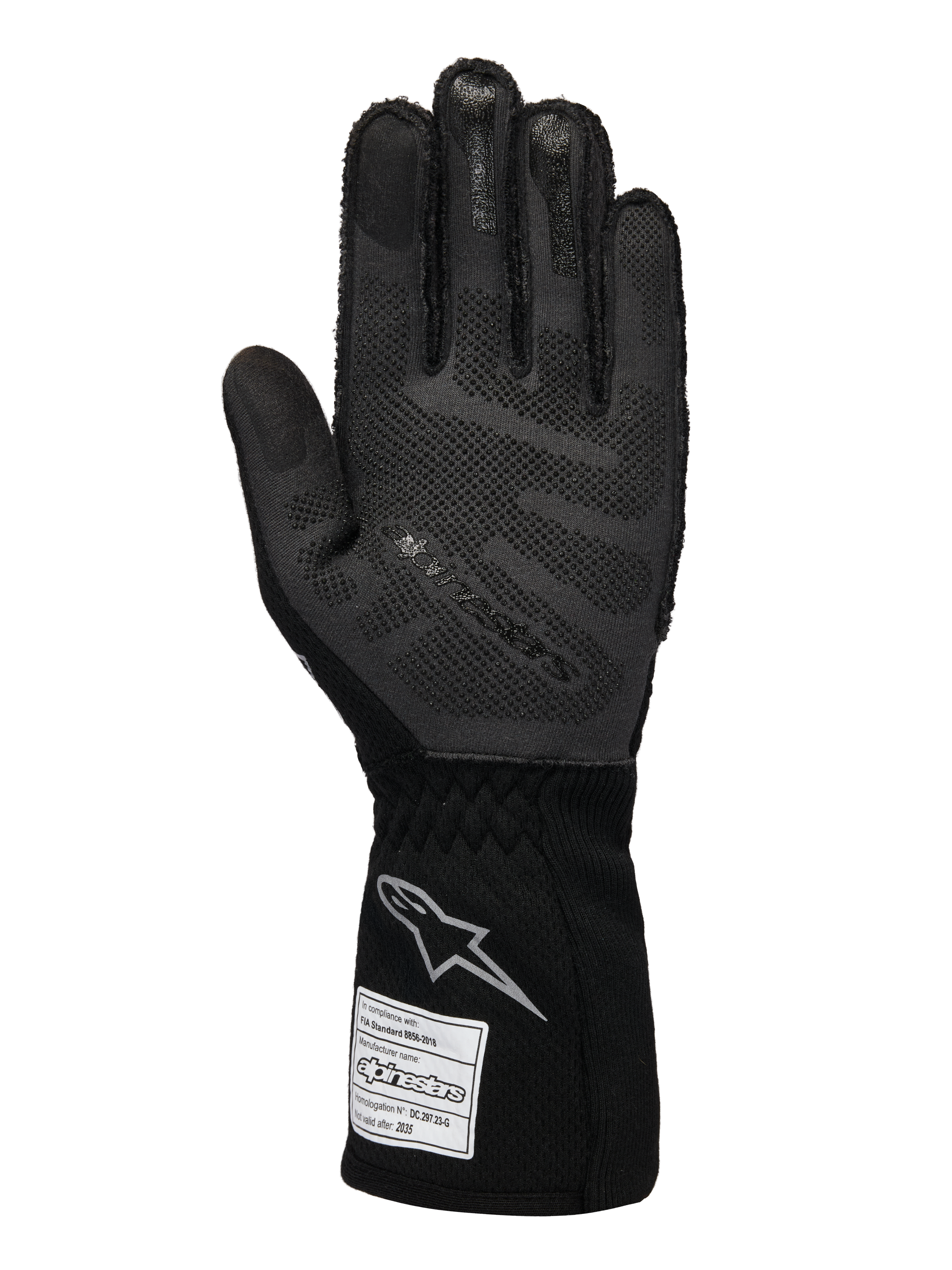 Guanti Alpinestars Limited Edition Lamborghini Tech-1 ZX V4, guanti da corsa auto, nero e grigio scuro, vista del palmo con tecnologia grip in silicone 3D, logo argento sul polsino, etichetta di omologazione FIA, attrezzatura professionale da motorsport