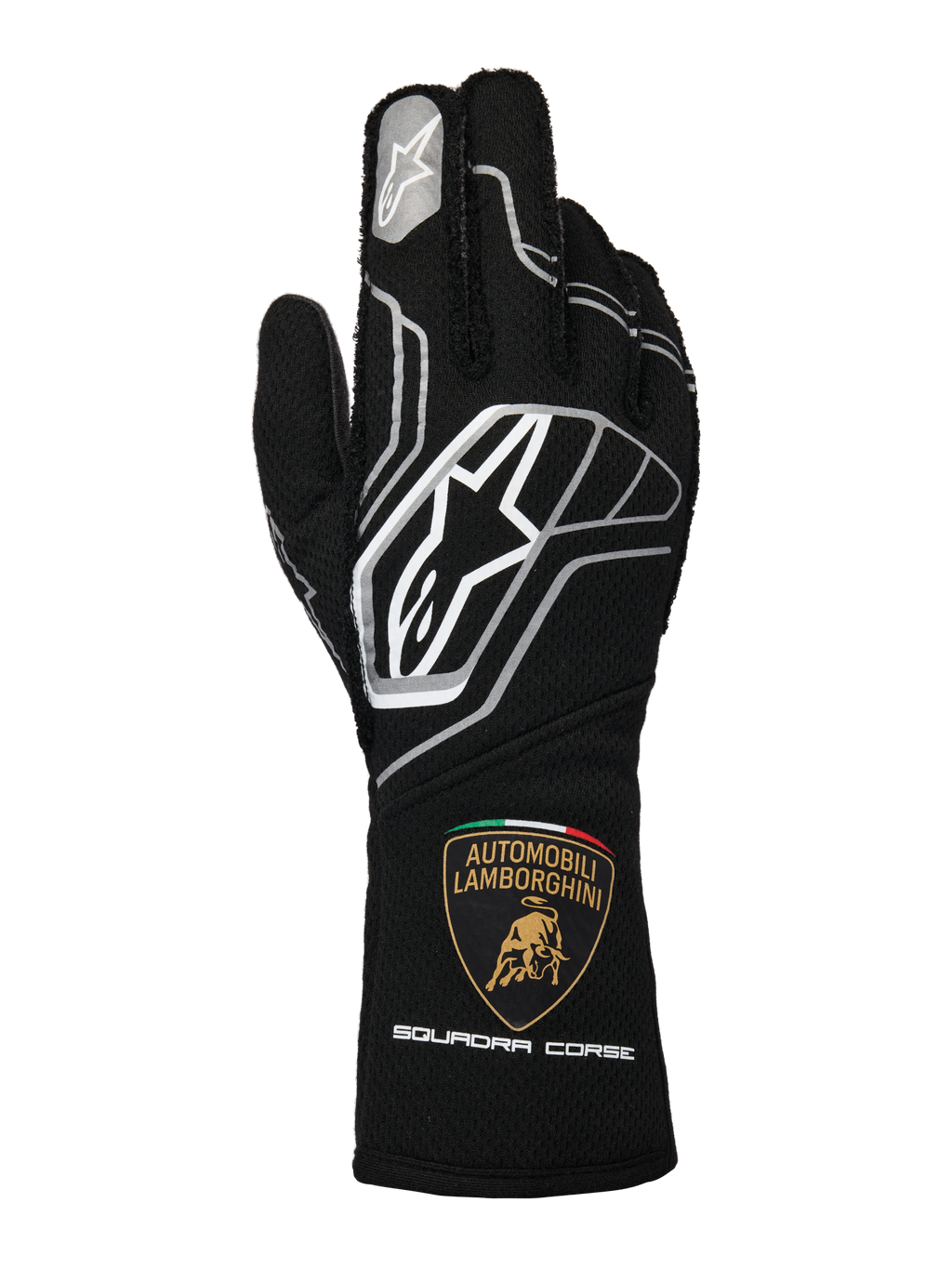 Alpinestars guanti Limited Edition Lamborghini Tech-1 ZX V4, neri con accenti grigio scuro e bianchi, caratterizzati dal logo Alpinestars e dallo scudetto Automobili Lamborghini Squadra Corse sul polsino, guanti da corsa professionali certificati FIA