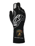 Alpinestars guanti Limited Edition Lamborghini Tech-1 ZX V4, neri con accenti grigio scuro e bianchi, caratterizzati dal logo Alpinestars e dallo scudetto Automobili Lamborghini Squadra Corse sul polsino, guanti da corsa professionali certificati FIA