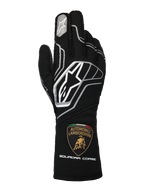 Alpinestars guanti Limited Edition Lamborghini Tech-1 ZX V4, neri con accenti grigio scuro e bianchi, caratterizzati dal logo Alpinestars e dallo scudetto Automobili Lamborghini Squadra Corse sul polsino, guanti da corsa professionali certificati FIA