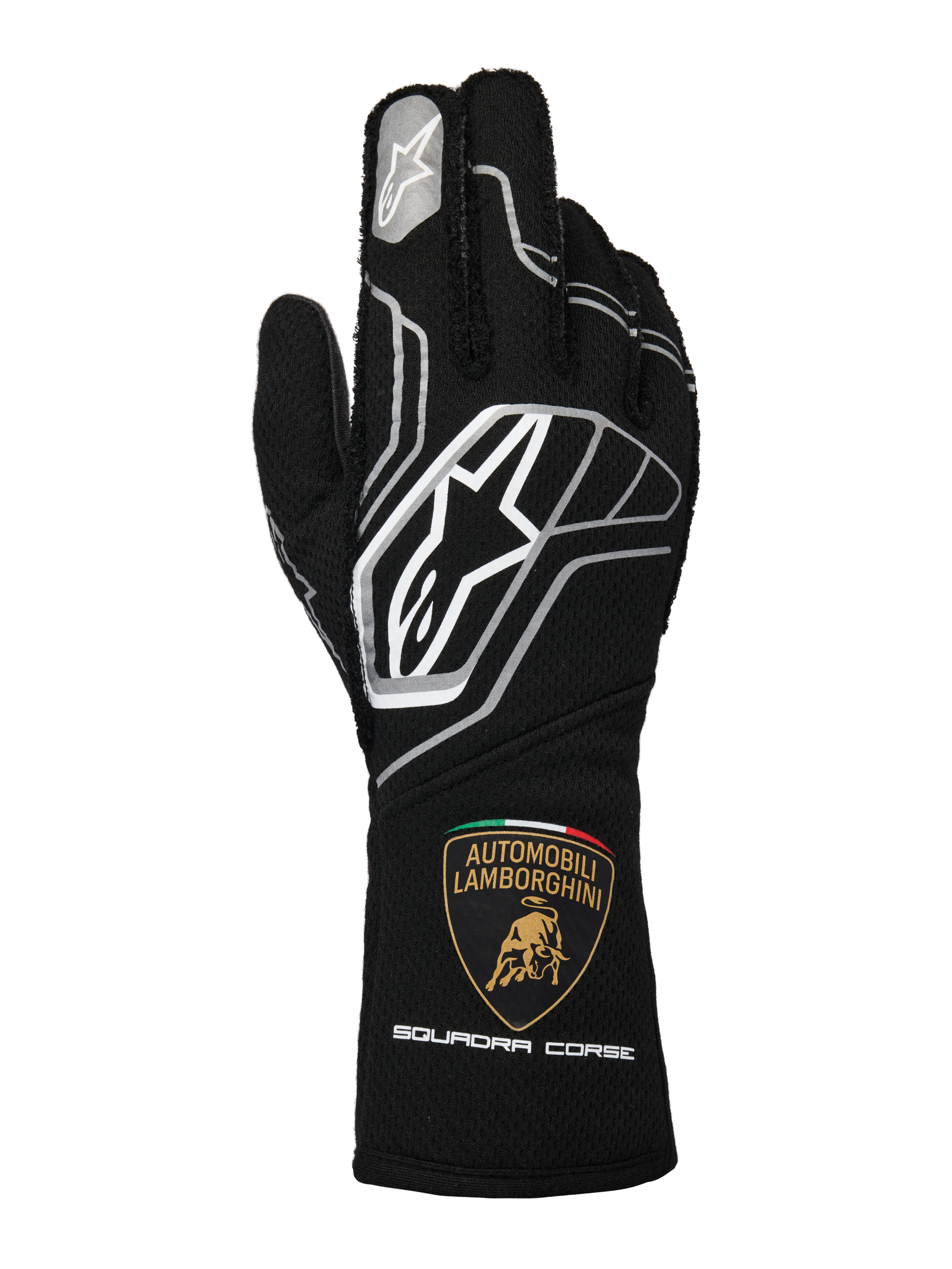 Alpinestars guanti Limited Edition Lamborghini Tech-1 ZX V4, neri con accenti grigio scuro e bianchi, caratterizzati dal logo Alpinestars e dallo scudetto Automobili Lamborghini Squadra Corse sul polsino, guanti da corsa professionali certificati FIA