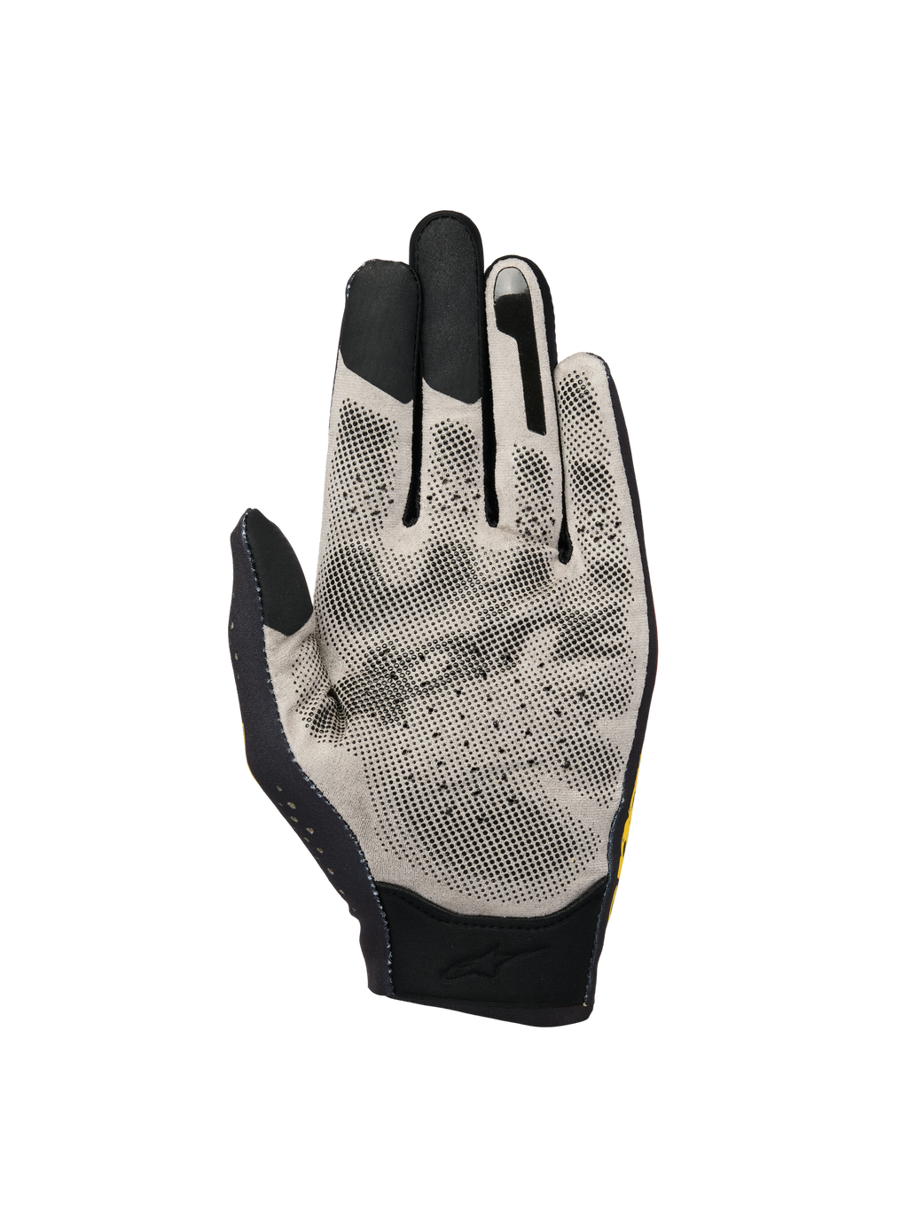 Alpinestars Sim Gloves Graphic 3, guanti da SIM racing, vista del palmo in tessuto Nanofront® grigio chiaro con motivo grip a puntini 3D neri, punte delle dita compatibili con touchscreen e struttura traforata traspirante per corse virtuali.