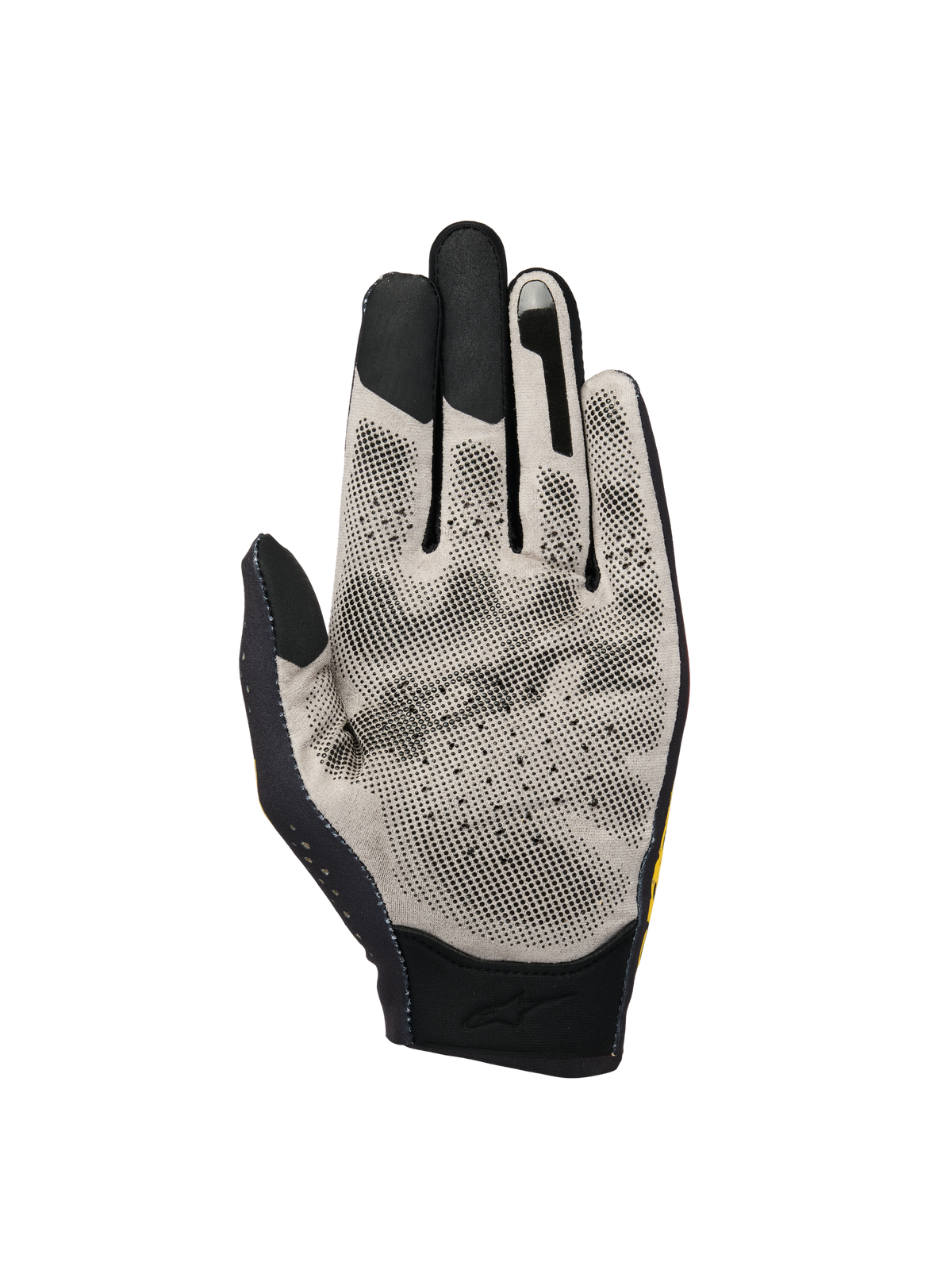 Alpinestars Sim Gloves Graphic 3, guanti da SIM racing, vista del palmo in tessuto Nanofront® grigio chiaro con motivo grip a puntini 3D neri, punte delle dita compatibili con touchscreen e struttura traforata traspirante per corse virtuali.