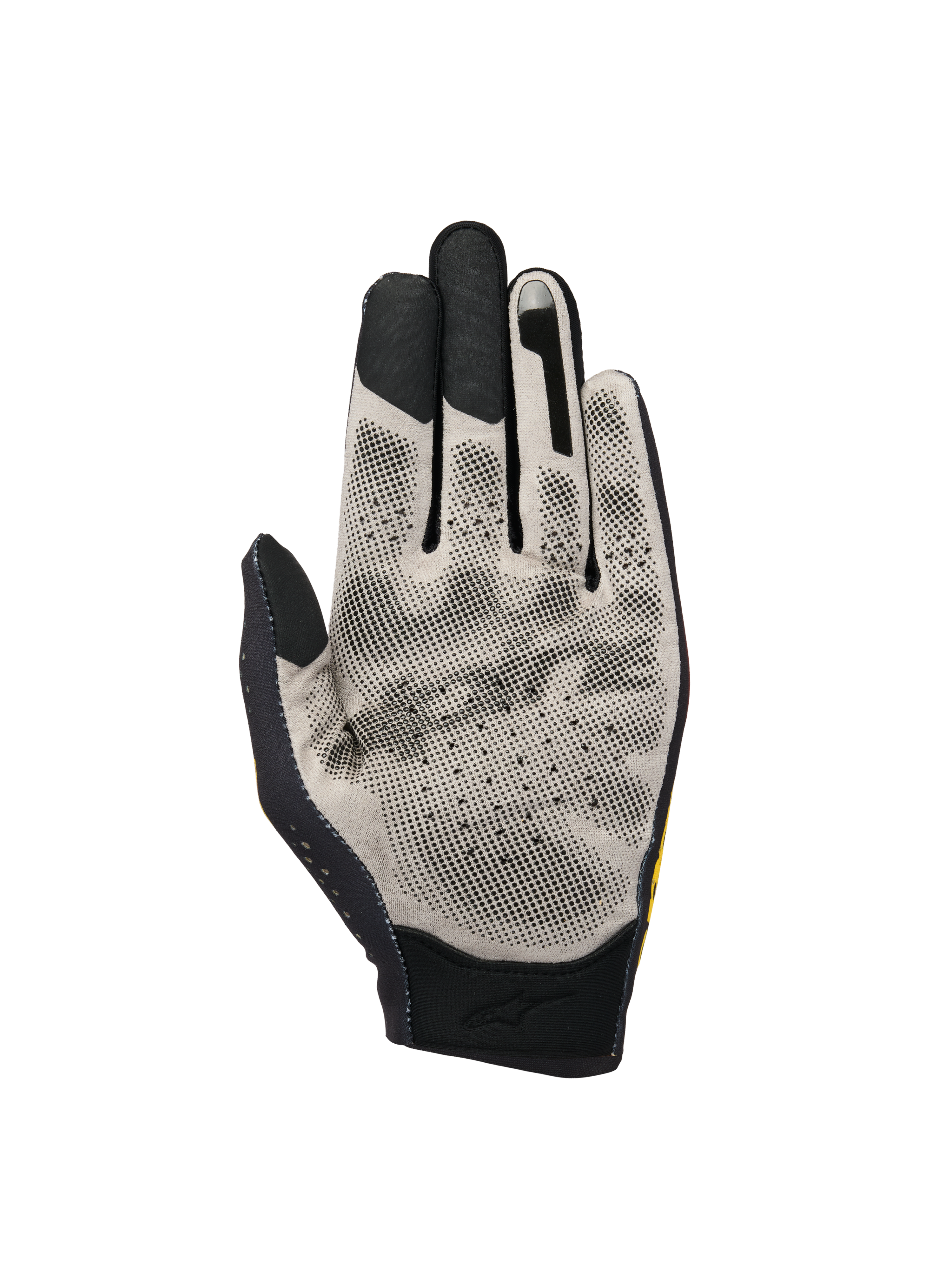 Alpinestars Sim Gloves Graphic 3, guanti da SIM racing, vista del palmo in tessuto Nanofront® grigio chiaro con motivo grip a puntini 3D neri, punte delle dita compatibili con touchscreen e struttura traforata traspirante per corse virtuali.