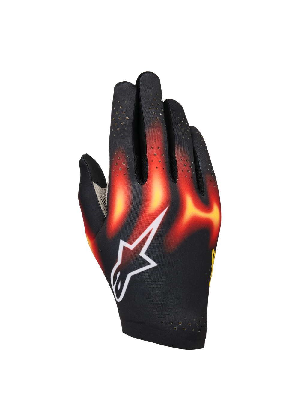 Alpinestars Sim Gloves Graphic 3, guanti da Sim Racing, neri con grafiche a fiamma rosso acceso e giallo caldo, logo a stella bianco, dita perforate per la ventilazione, costruzione leggera e flessibile per il racing virtuale
