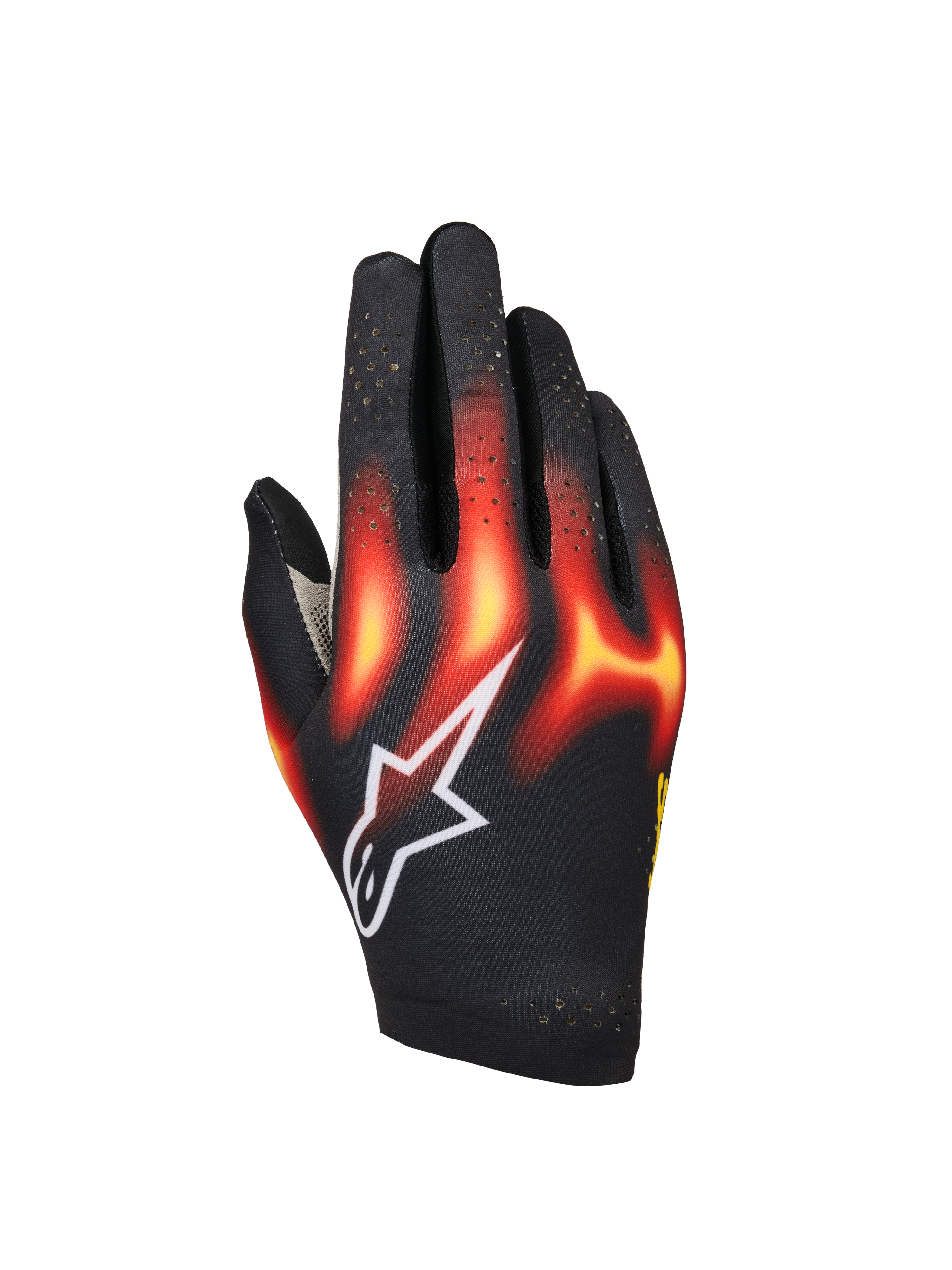 Alpinestars Sim Gloves Graphic 3, guanti da Sim Racing, neri con grafiche a fiamma rosso acceso e giallo caldo, logo a stella bianco, dita perforate per la ventilazione, costruzione leggera e flessibile per il racing virtuale